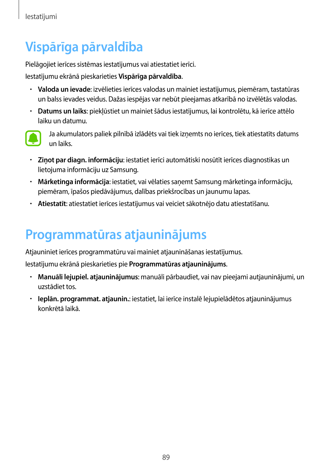 Samsung SM-T580NZKASEB, SM-T580NZWASEB manual Vispārīga pārvaldība, Programmatūras atjauninājums 