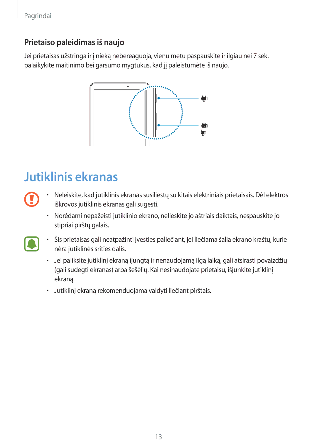 Samsung SM-T580NZKASEB, SM-T580NZWASEB manual Jutiklinis ekranas, Prietaiso paleidimas iš naujo 