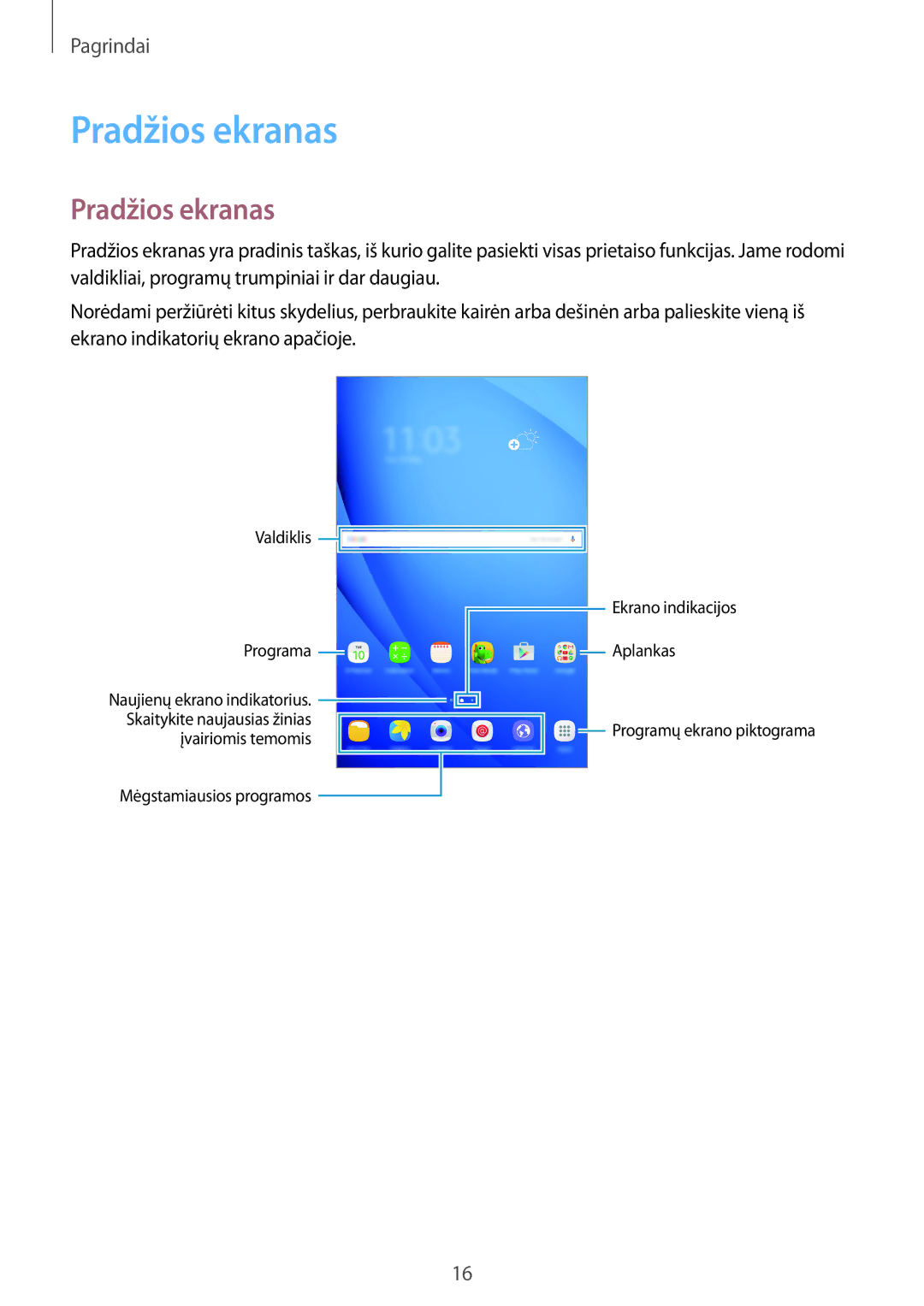 Samsung SM-T580NZWASEB, SM-T580NZKASEB manual Pradžios ekranas 