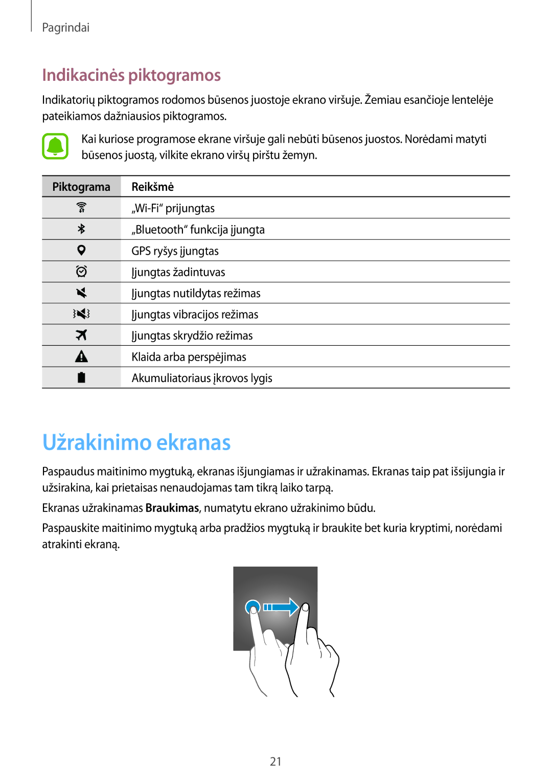 Samsung SM-T580NZKASEB, SM-T580NZWASEB manual Užrakinimo ekranas, Indikacinės piktogramos 