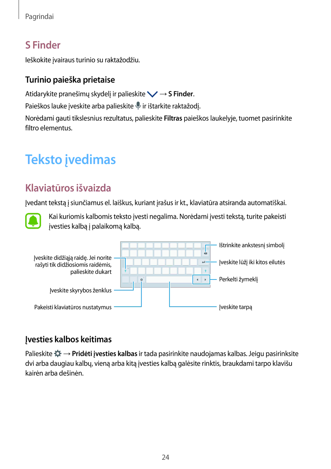 Samsung SM-T580NZWASEB Teksto įvedimas, Finder, Klaviatūros išvaizda, Turinio paieška prietaise, Įvesties kalbos keitimas 