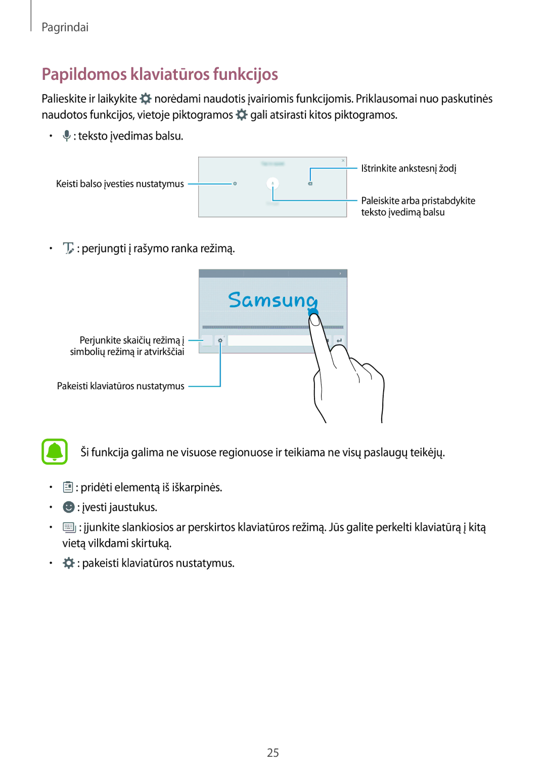 Samsung SM-T580NZKASEB, SM-T580NZWASEB manual Papildomos klaviatūros funkcijos, Teksto įvedimas balsu 