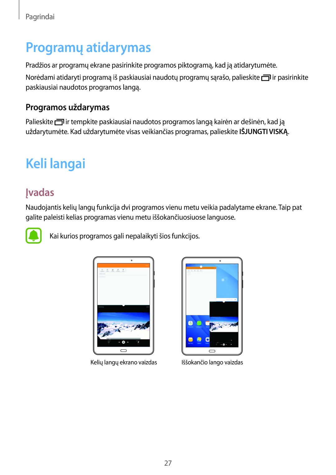 Samsung SM-T580NZKASEB, SM-T580NZWASEB manual Programų atidarymas, Keli langai, Įvadas, Programos uždarymas 