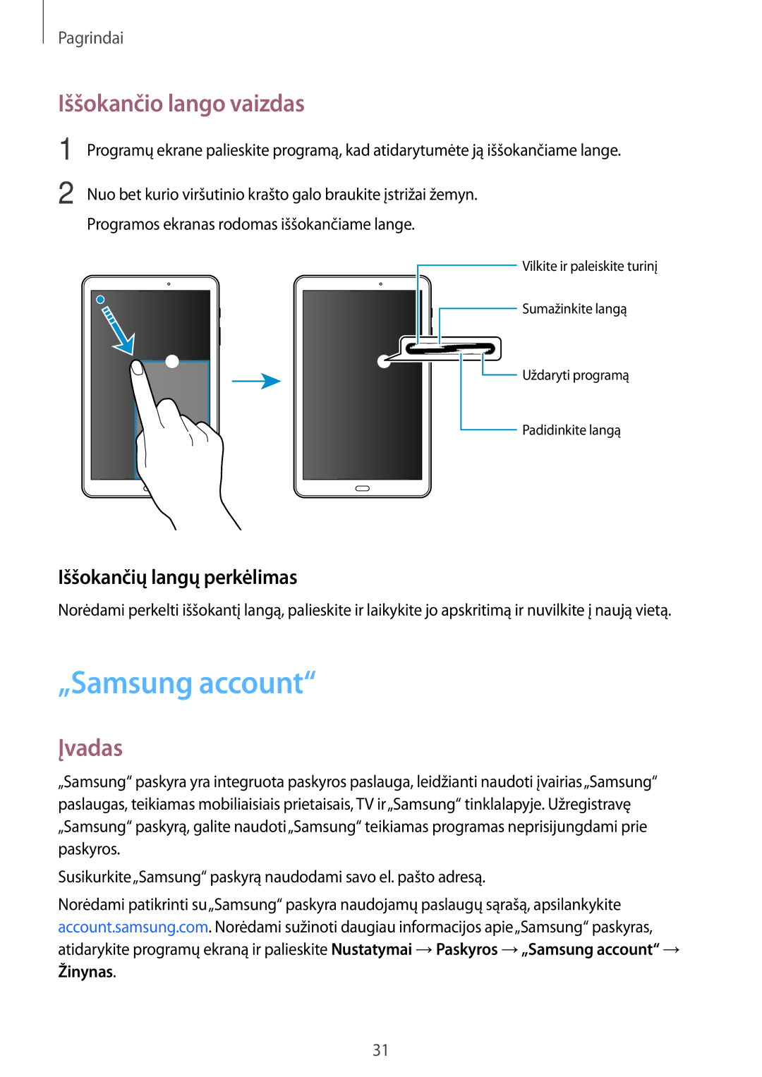 Samsung SM-T580NZKASEB, SM-T580NZWASEB manual „Samsung account, Iššokančio lango vaizdas, Iššokančių langų perkėlimas 