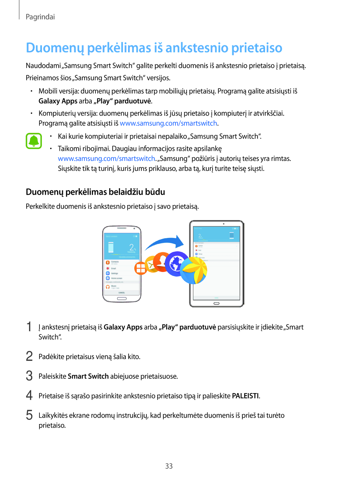 Samsung SM-T580NZKASEB, SM-T580NZWASEB manual Duomenų perkėlimas iš ankstesnio prietaiso, Duomenų perkėlimas belaidžiu būdu 