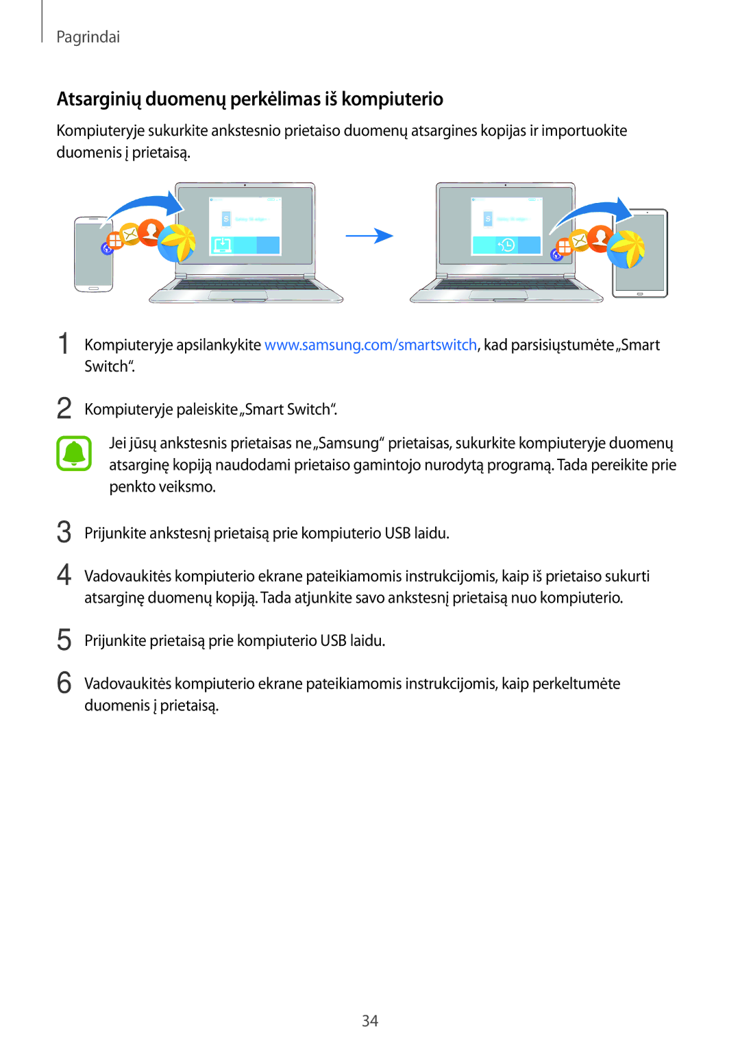 Samsung SM-T580NZWASEB, SM-T580NZKASEB manual Atsarginių duomenų perkėlimas iš kompiuterio 