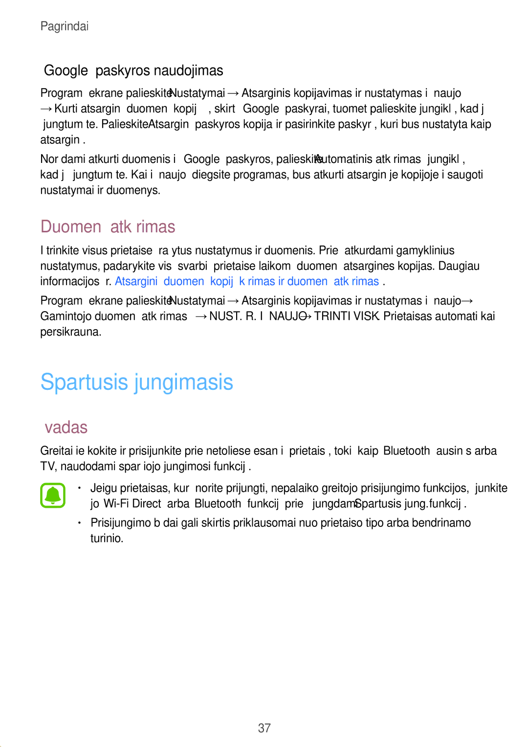 Samsung SM-T580NZKASEB, SM-T580NZWASEB manual Spartusis jungimasis, Duomenų atkūrimas, „Google paskyros naudojimas 
