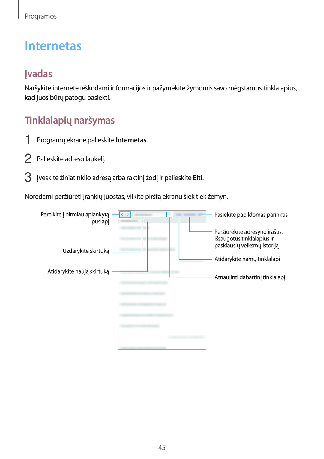 Samsung SM-T580NZKASEB, SM-T580NZWASEB manual Internetas, Tinklalapių naršymas 