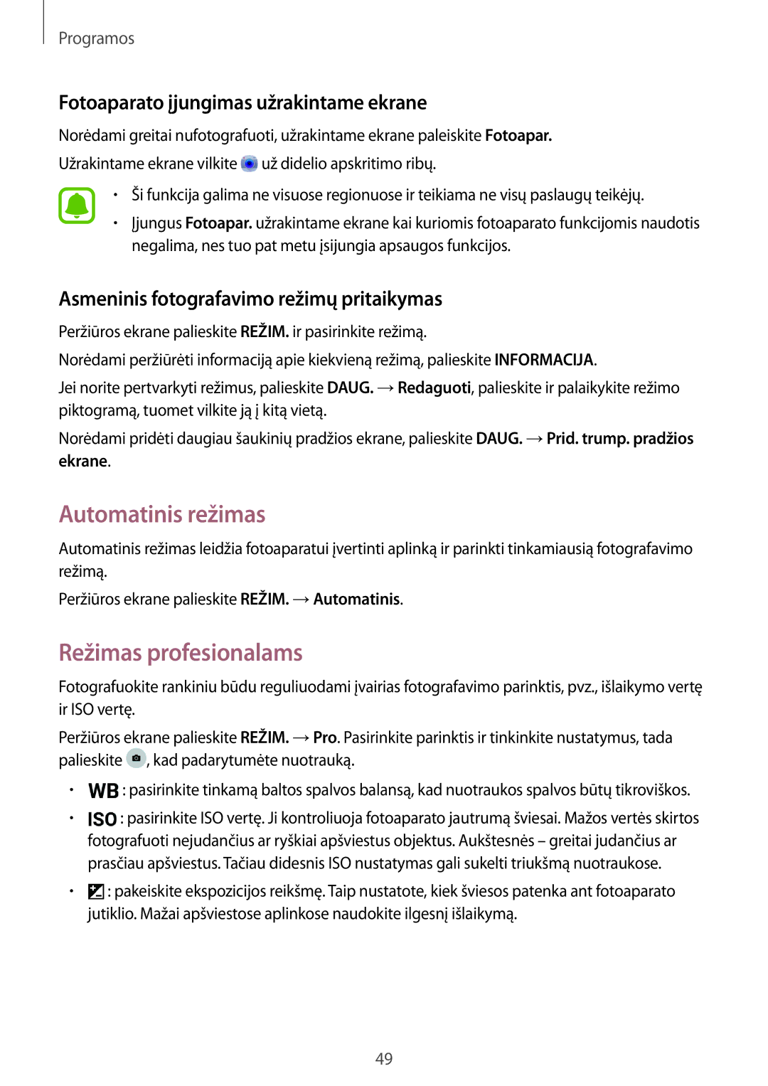 Samsung SM-T580NZKASEB manual Automatinis režimas, Režimas profesionalams, Fotoaparato įjungimas užrakintame ekrane 