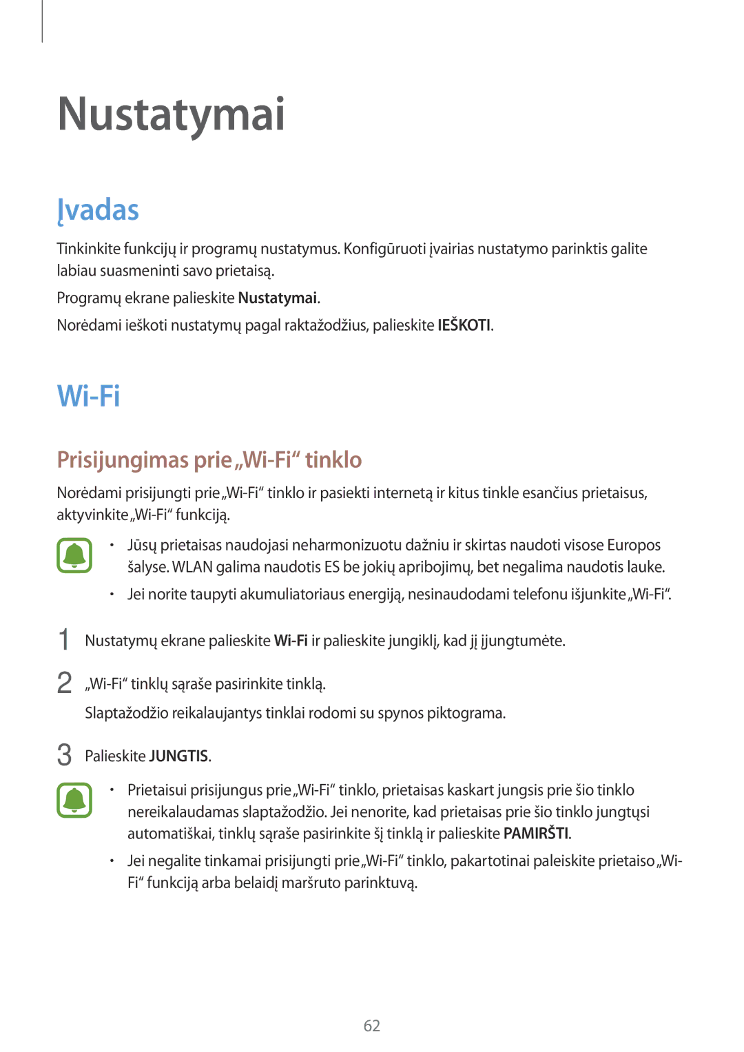 Samsung SM-T580NZWASEB, SM-T580NZKASEB manual Įvadas, Prisijungimas prie„Wi-Fi tinklo 