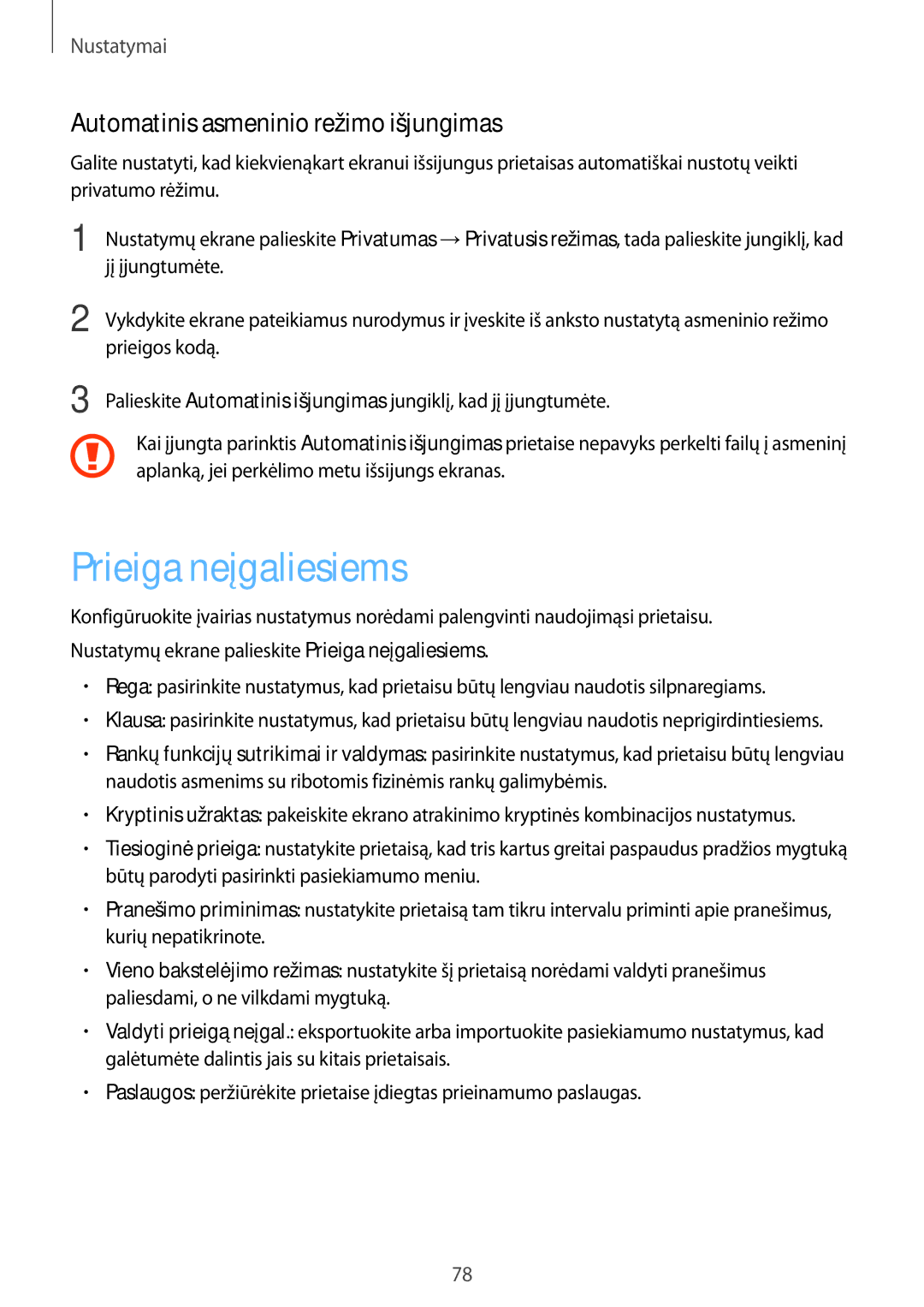 Samsung SM-T580NZWASEB, SM-T580NZKASEB manual Prieiga neįgaliesiems, Automatinis asmeninio režimo išjungimas 