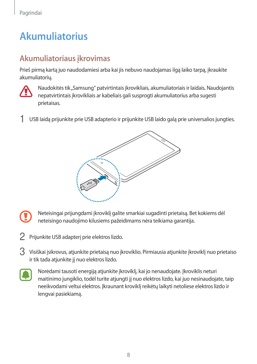 Samsung SM-T580NZWASEB, SM-T580NZKASEB manual Akumuliatorius, Akumuliatoriaus įkrovimas 