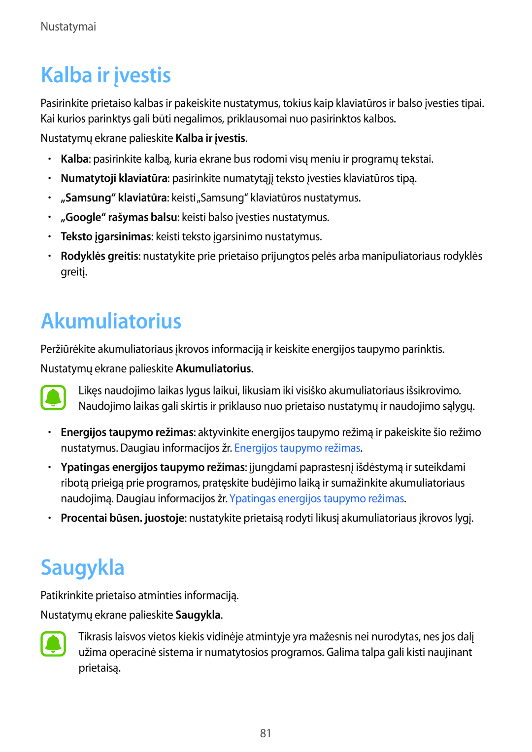 Samsung SM-T580NZKASEB, SM-T580NZWASEB manual Kalba ir įvestis, Saugykla 