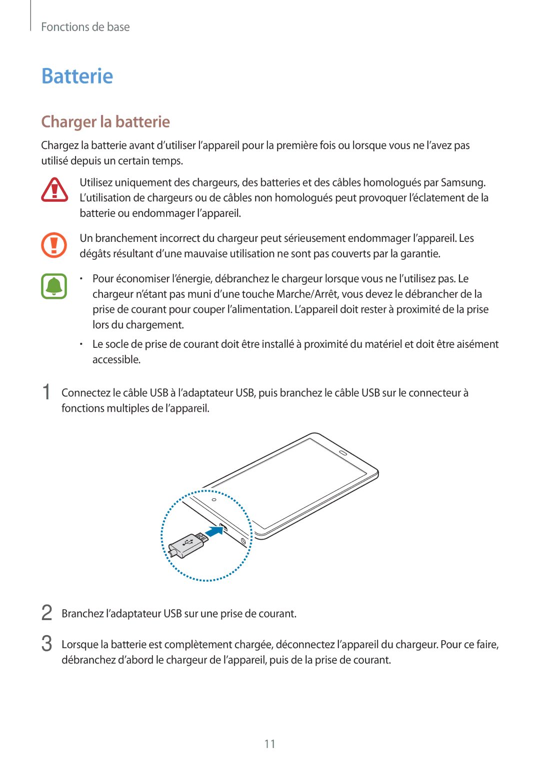 Samsung SM-T580NZKEXEF, SM-T580NZWAXEF, SM-T580NZKAXEF, SM-T580NZAEXEF, SM-T580NZWEXEF manual Batterie, Charger la batterie 