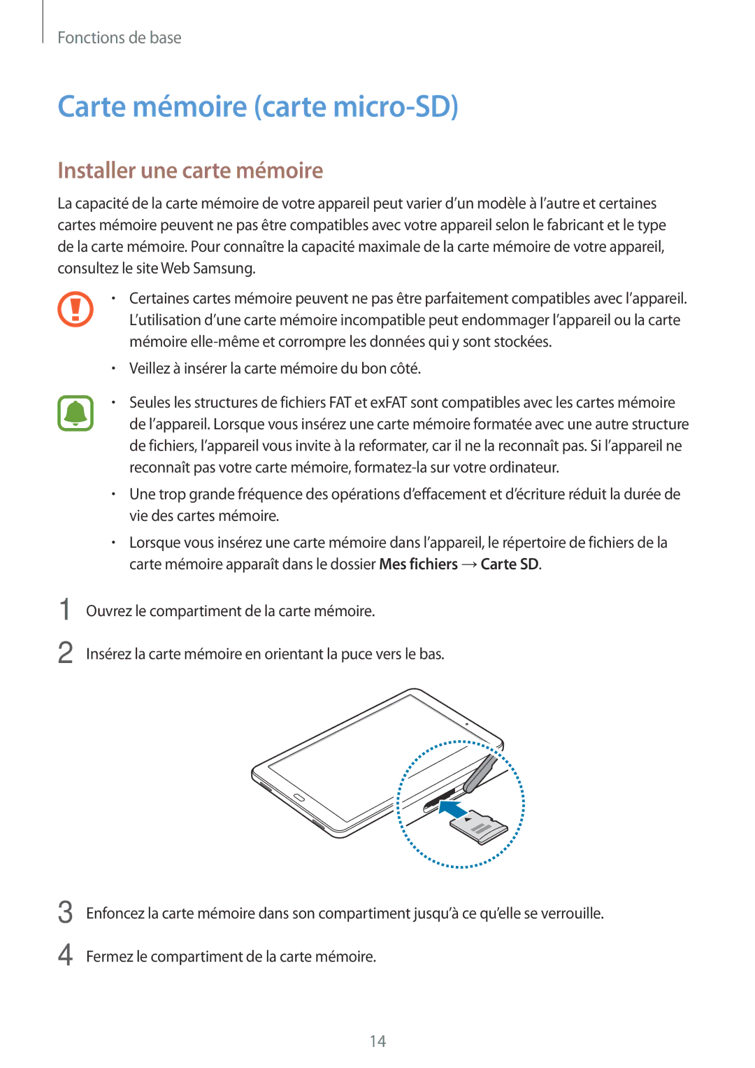 Samsung SM-T580NZWEXEF, SM-T580NZWAXEF, SM-T580NZKEXEF manual Carte mémoire carte micro-SD, Installer une carte mémoire 