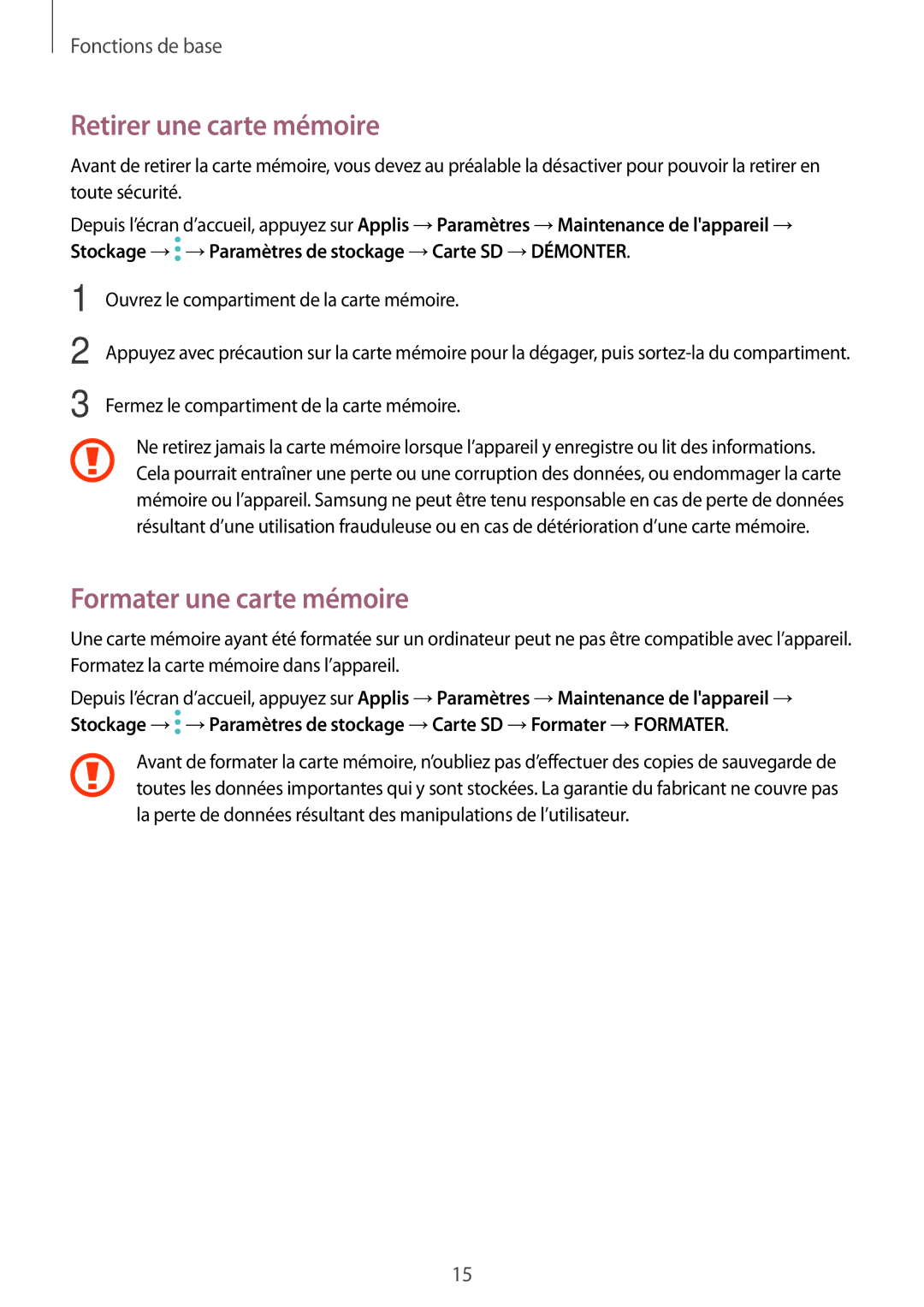 Samsung SM-T580NZWAXEF, SM-T580NZKEXEF, SM-T580NZKAXEF, SM-T580NZAEXEF Retirer une carte mémoire, Formater une carte mémoire 