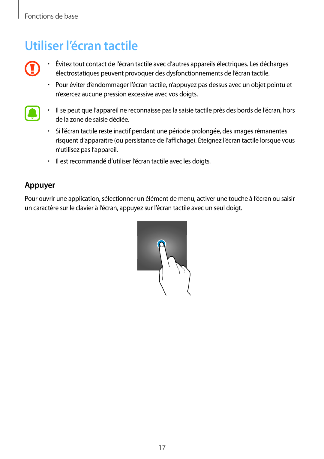 Samsung SM-T580NZKAXEF, SM-T580NZWAXEF, SM-T580NZKEXEF, SM-T580NZAEXEF, SM-T580NZWEXEF manual Utiliser l’écran tactile, Appuyer 