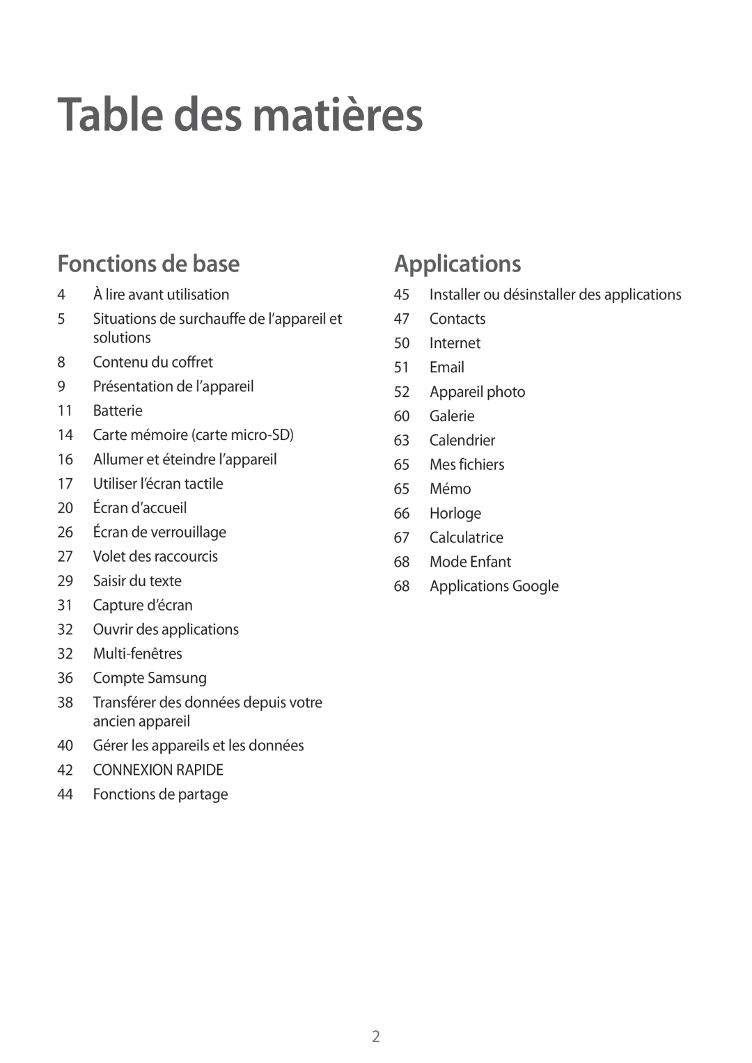 Samsung SM-T580NZKAXEF, SM-T580NZWAXEF, SM-T580NZKEXEF, SM-T580NZAEXEF, SM-T580NZWEXEF manual Table des matières 