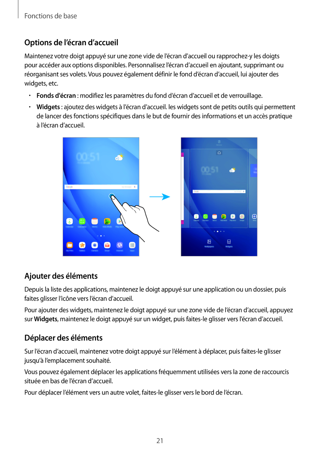 Samsung SM-T580NZKEXEF, SM-T580NZWAXEF manual Options de l’écran d’accueil, Ajouter des éléments, Déplacer des éléments 