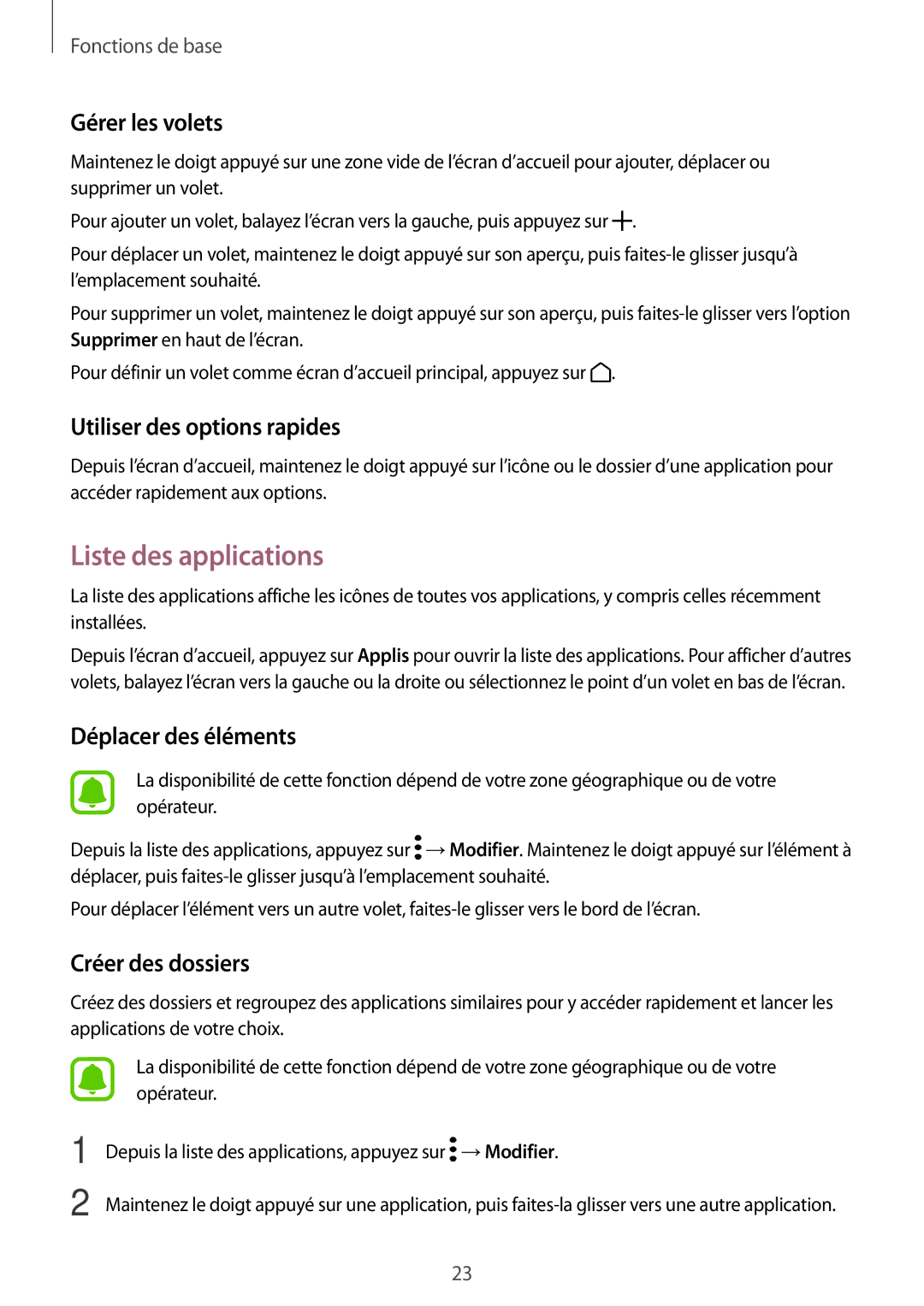 Samsung SM-T580NZAEXEF, SM-T580NZWAXEF manual Liste des applications, Gérer les volets, Utiliser des options rapides 