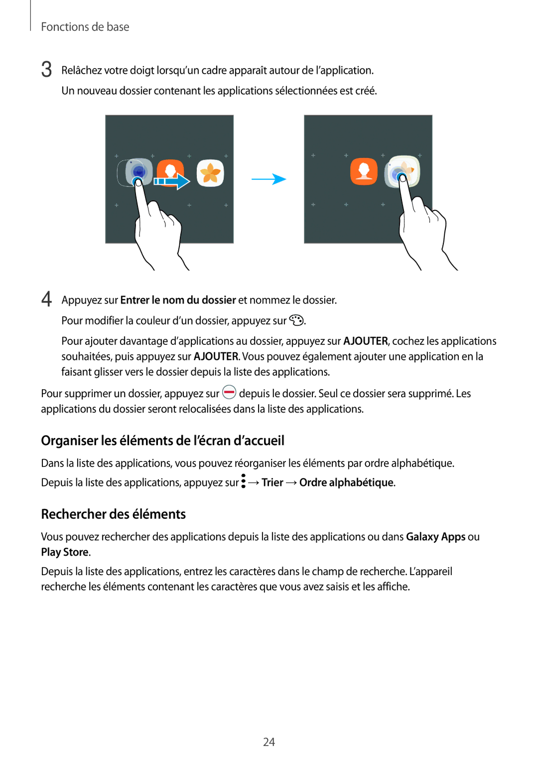 Samsung SM-T580NZWEXEF, SM-T580NZWAXEF, SM-T580NZKEXEF Organiser les éléments de l’écran d’accueil, Rechercher des éléments 