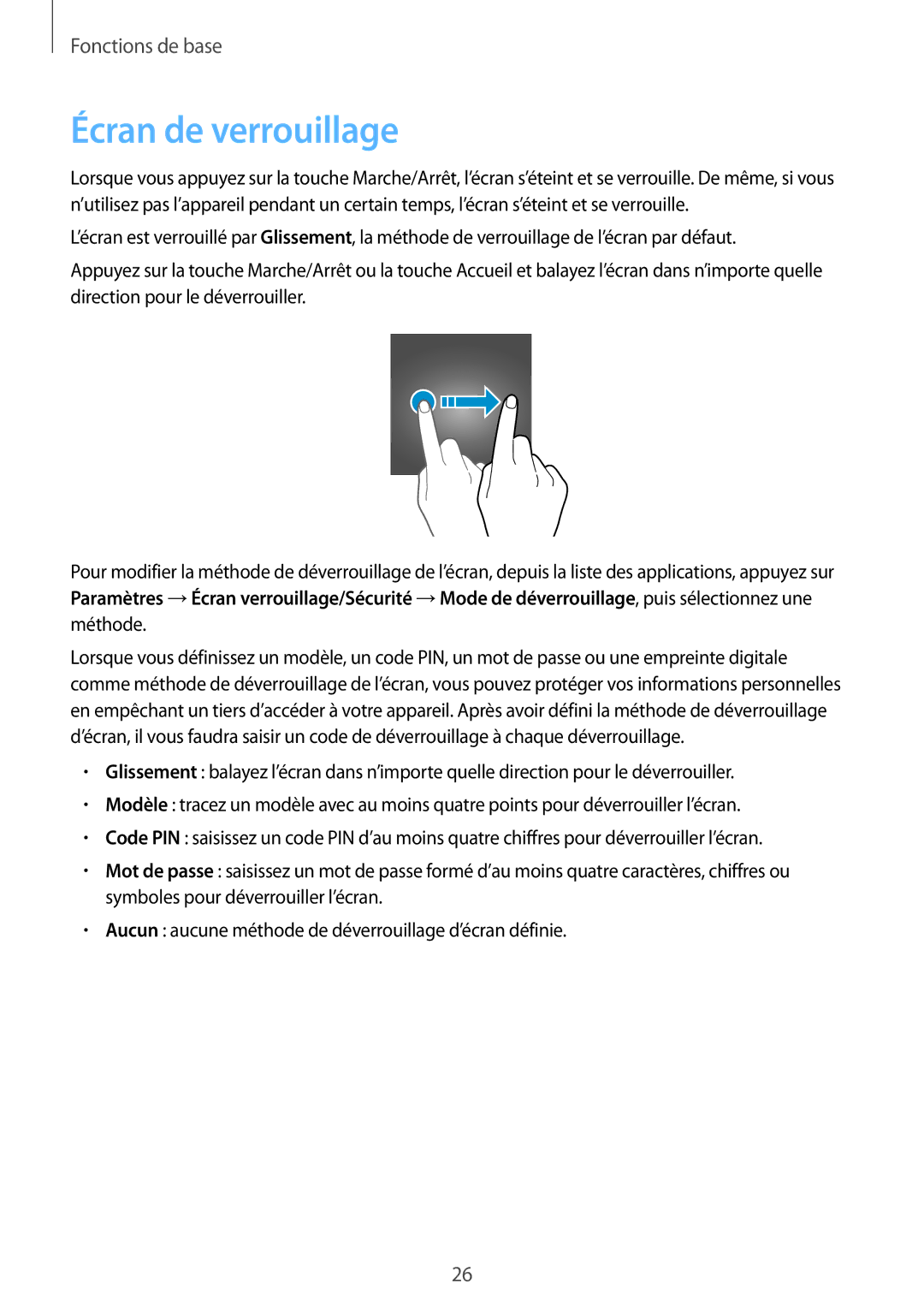 Samsung SM-T580NZKEXEF, SM-T580NZWAXEF, SM-T580NZKAXEF, SM-T580NZAEXEF, SM-T580NZWEXEF manual Écran de verrouillage 