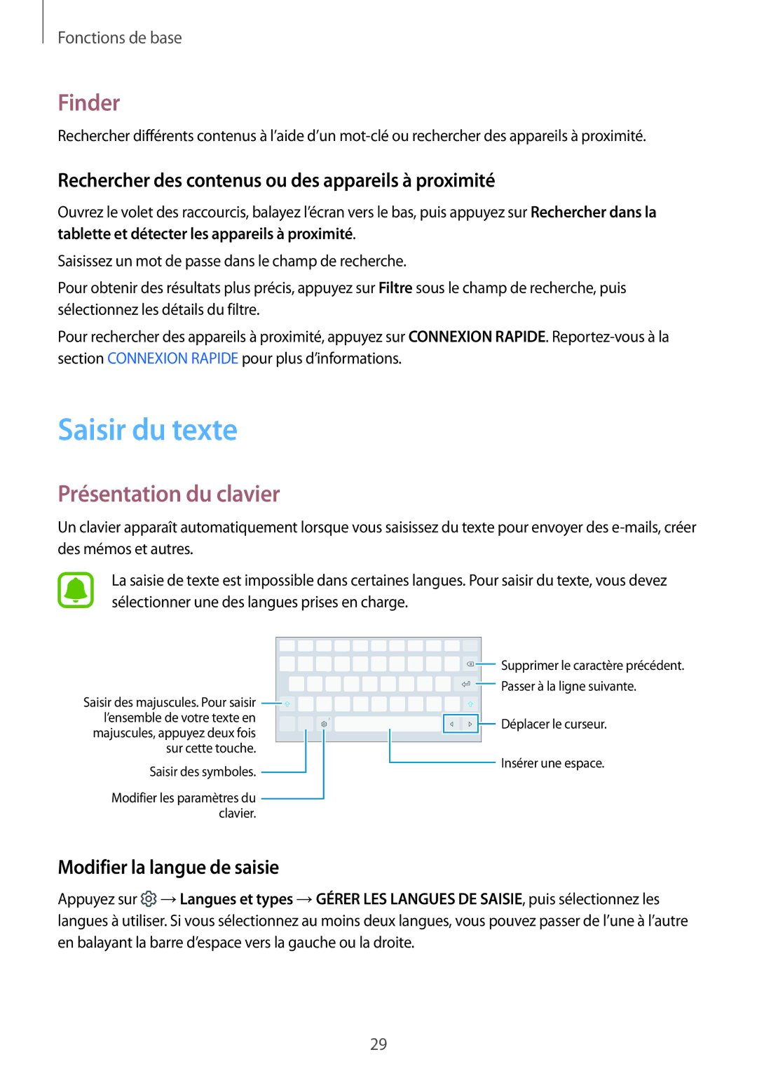 Samsung SM-T580NZWEXEF, SM-T580NZWAXEF manual Saisir du texte, Finder, Présentation du clavier, Modifier la langue de saisie 