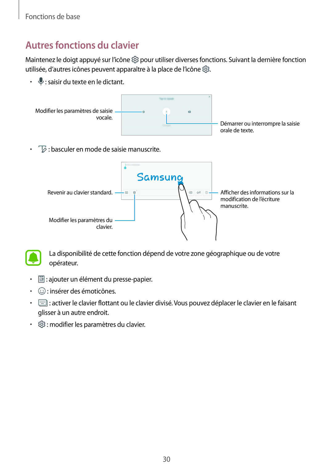 Samsung SM-T580NZWAXEF, SM-T580NZKEXEF, SM-T580NZKAXEF Autres fonctions du clavier, Basculer en mode de saisie manuscrite 