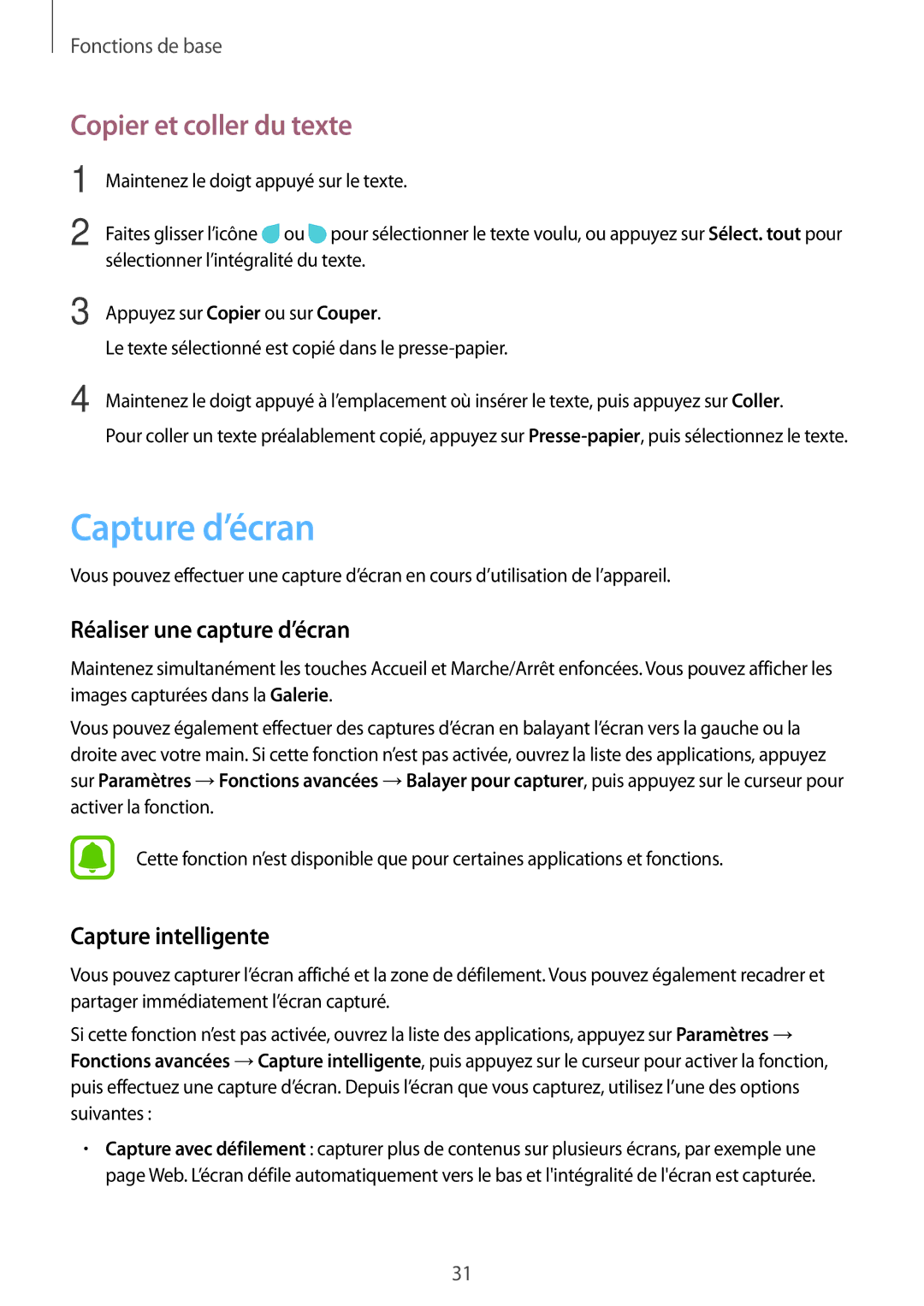 Samsung SM-T580NZKEXEF Capture d’écran, Copier et coller du texte, Réaliser une capture d’écran, Capture intelligente 