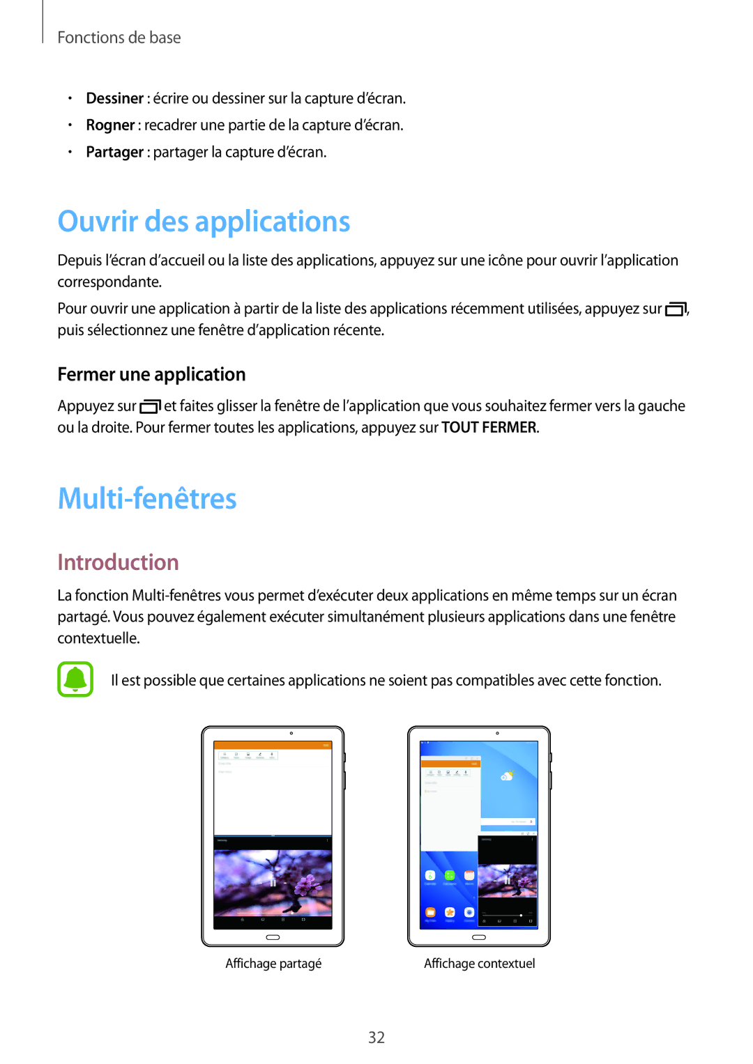 Samsung SM-T580NZKAXEF, SM-T580NZWAXEF manual Ouvrir des applications, Multi-fenêtres, Introduction, Fermer une application 