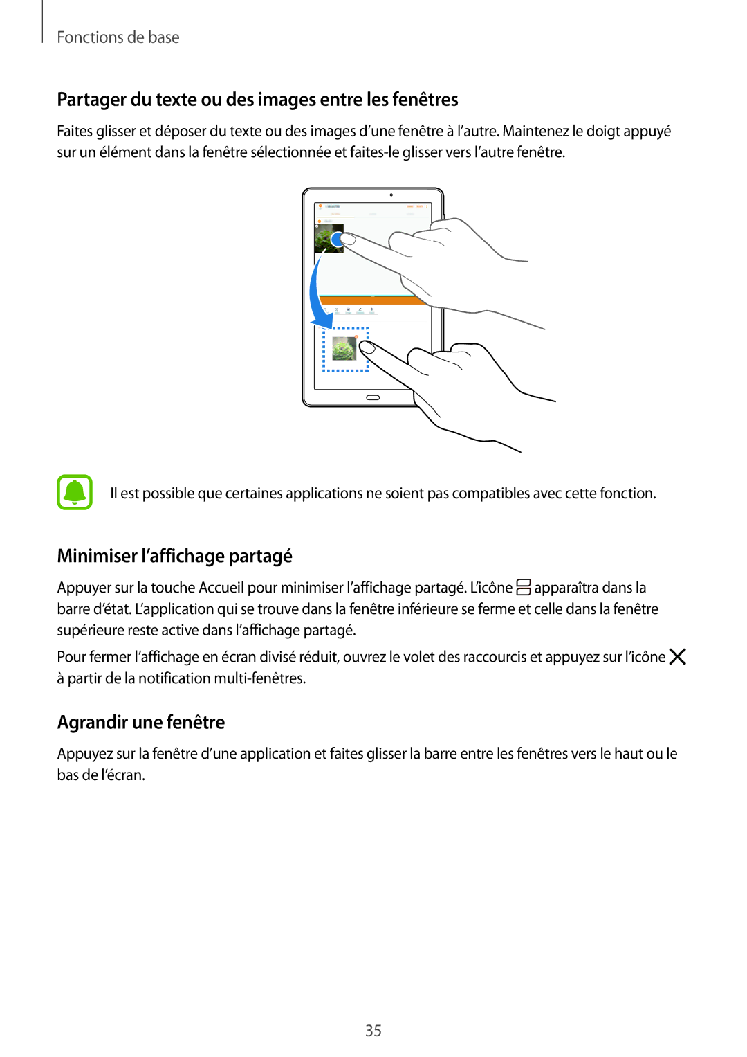 Samsung SM-T580NZWAXEF, SM-T580NZKEXEF Partager du texte ou des images entre les fenêtres, Minimiser l’affichage partagé 