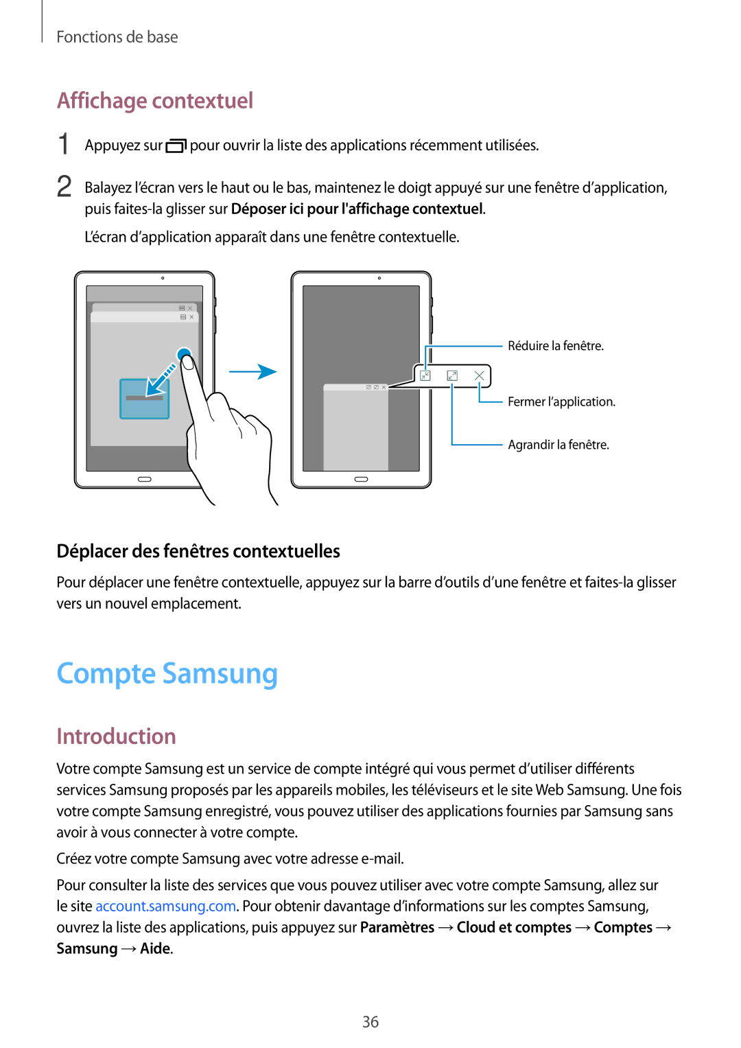 Samsung SM-T580NZKEXEF, SM-T580NZWAXEF manual Compte Samsung, Affichage contextuel, Déplacer des fenêtres contextuelles 