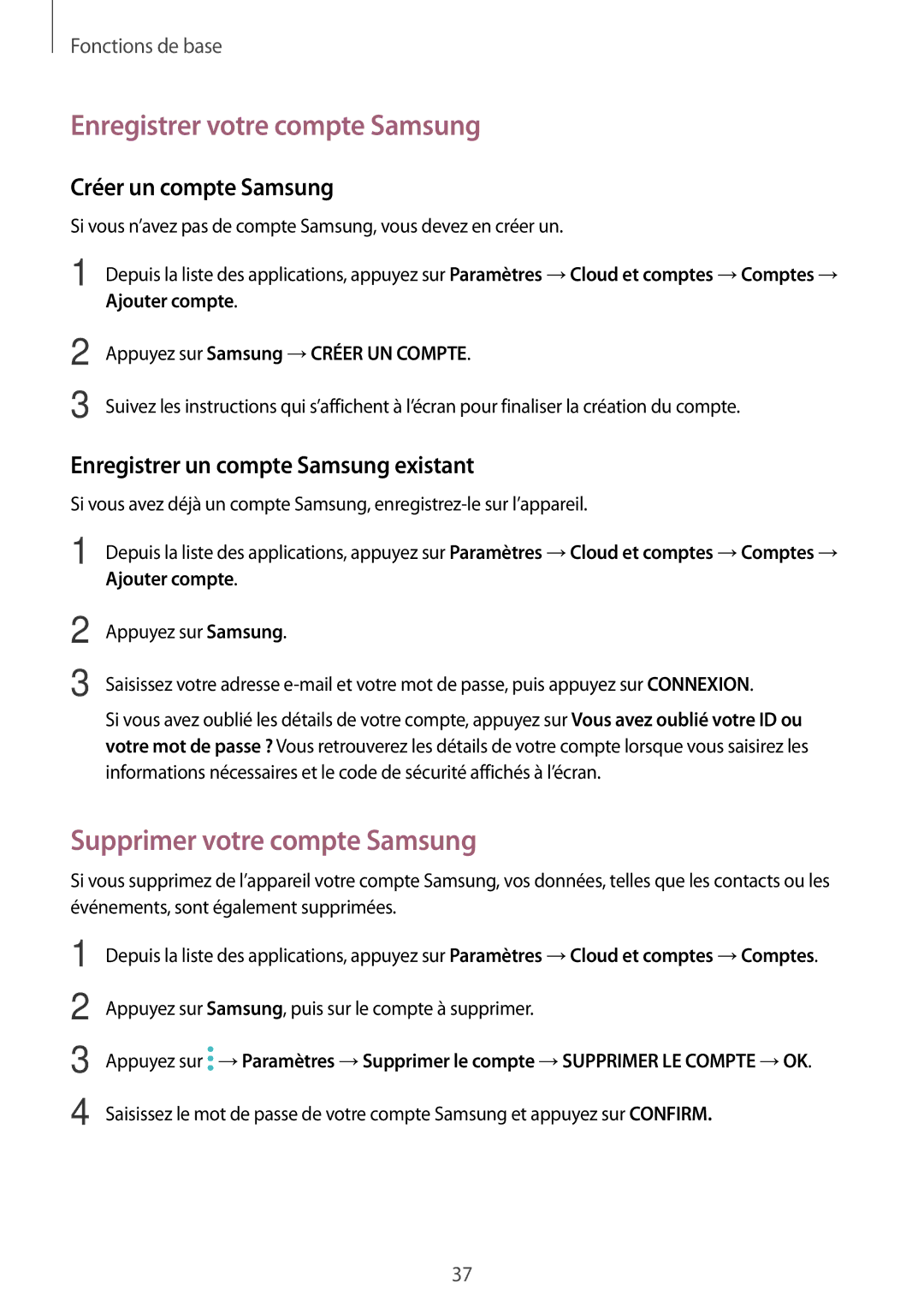 Samsung SM-T580NZKAXEF manual Enregistrer votre compte Samsung, Supprimer votre compte Samsung, Créer un compte Samsung 