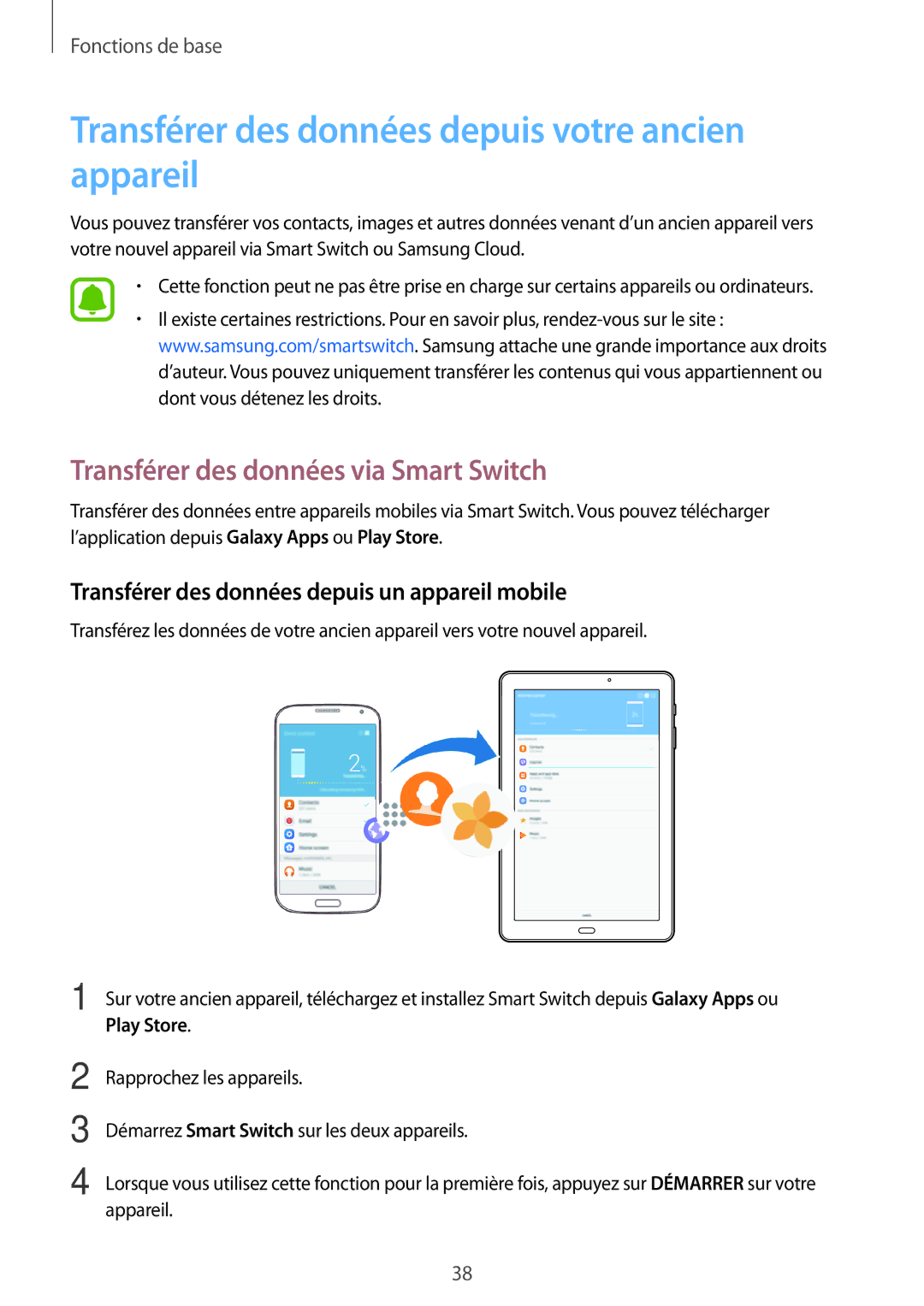 Samsung SM-T580NZAEXEF manual Transférer des données depuis votre ancien appareil, Transférer des données via Smart Switch 