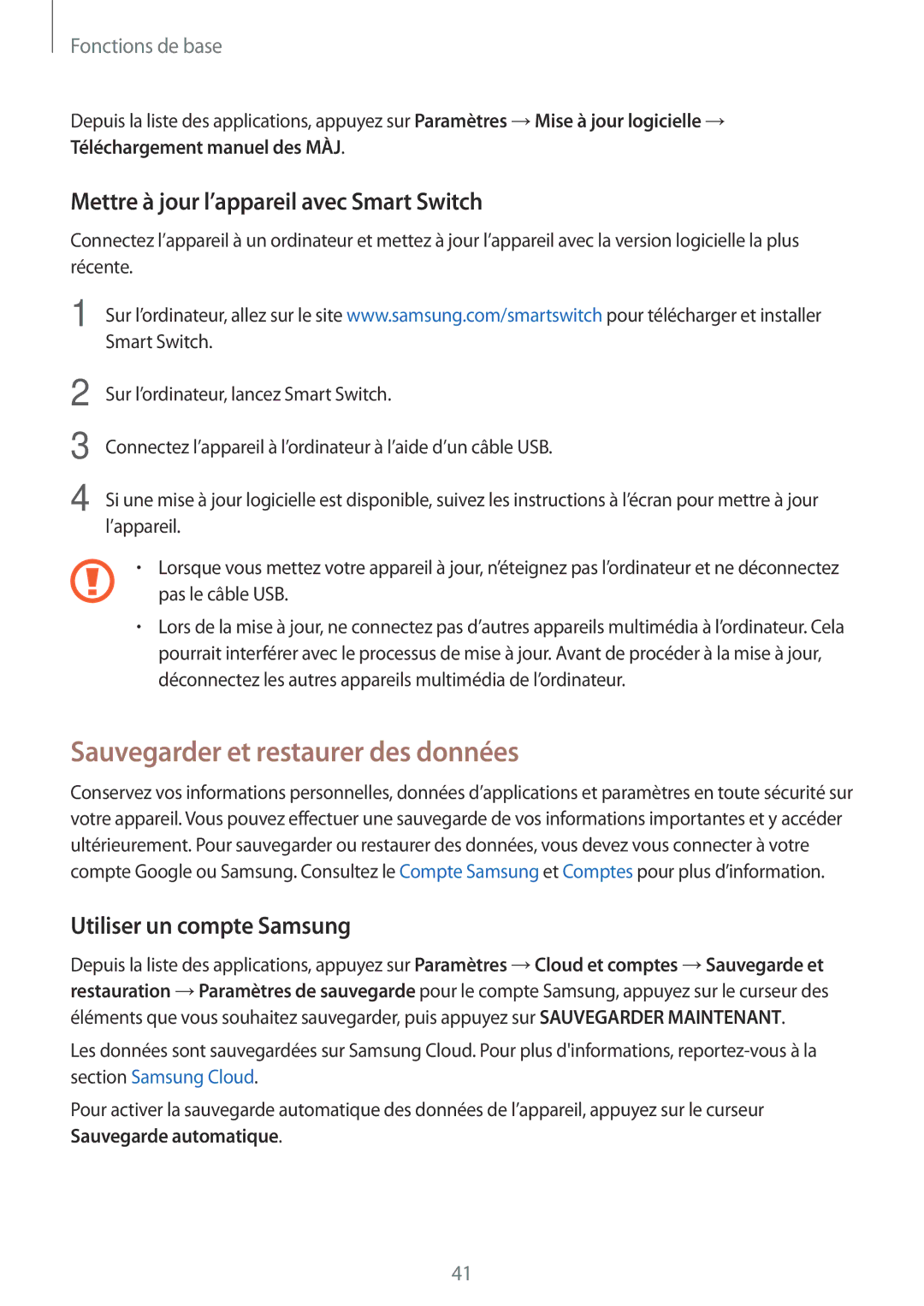Samsung SM-T580NZKEXEF, SM-T580NZWAXEF Sauvegarder et restaurer des données, Mettre à jour l’appareil avec Smart Switch 