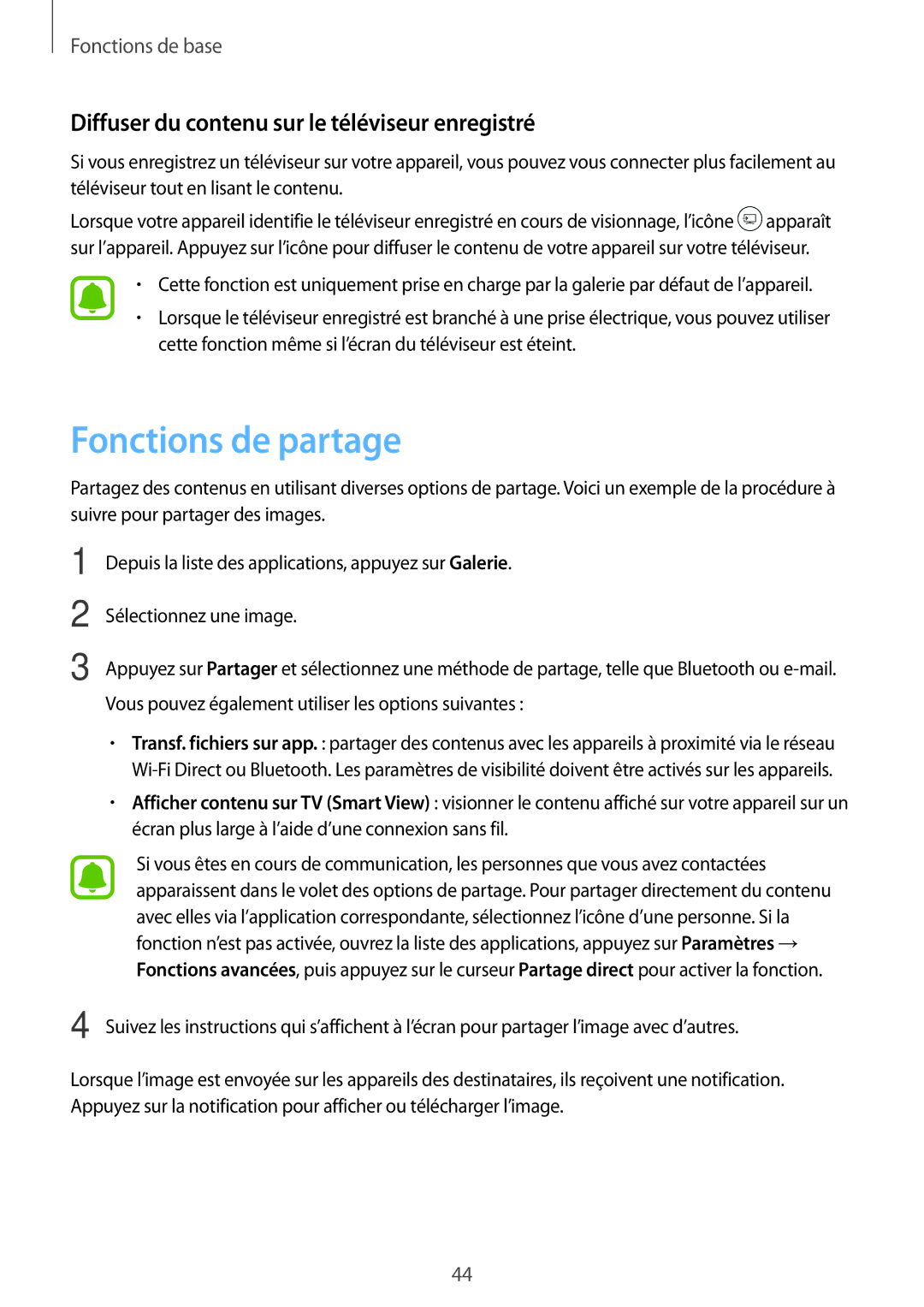 Samsung SM-T580NZWEXEF, SM-T580NZWAXEF manual Fonctions de partage, Diffuser du contenu sur le téléviseur enregistré 