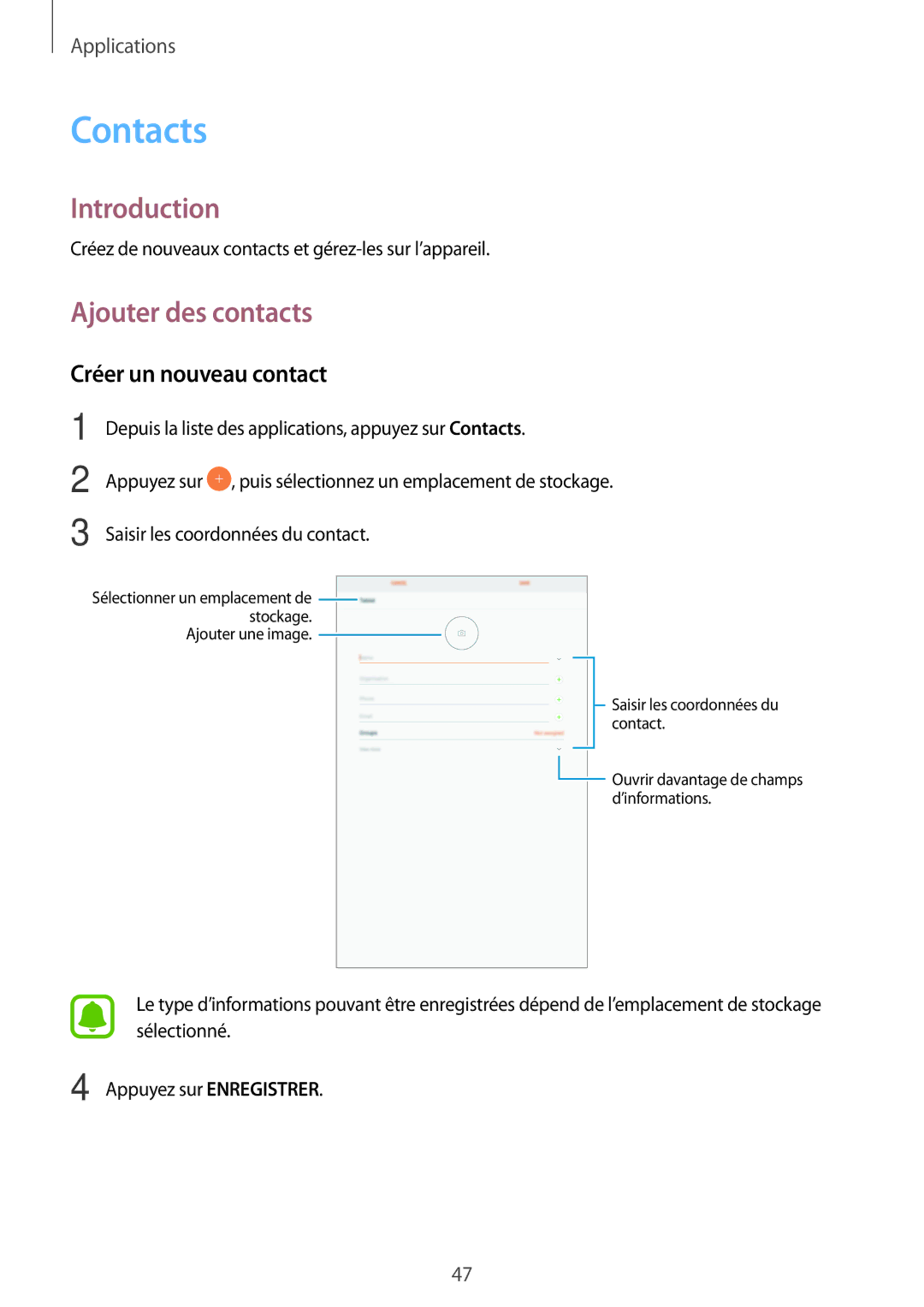 Samsung SM-T580NZKAXEF, SM-T580NZWAXEF, SM-T580NZKEXEF manual Contacts, Ajouter des contacts, Créer un nouveau contact 