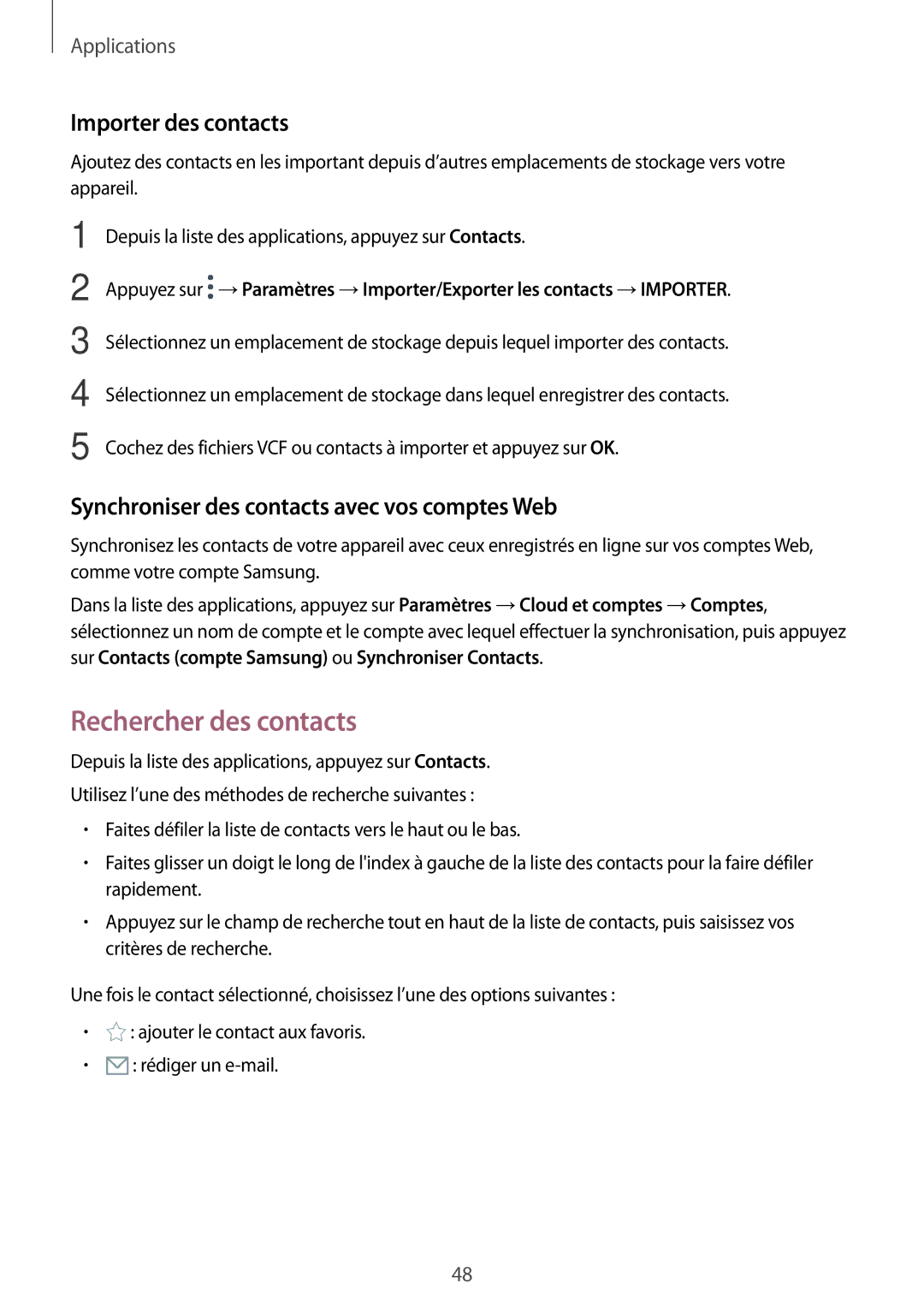 Samsung SM-T580NZAEXEF Rechercher des contacts, Importer des contacts, Synchroniser des contacts avec vos comptes Web 