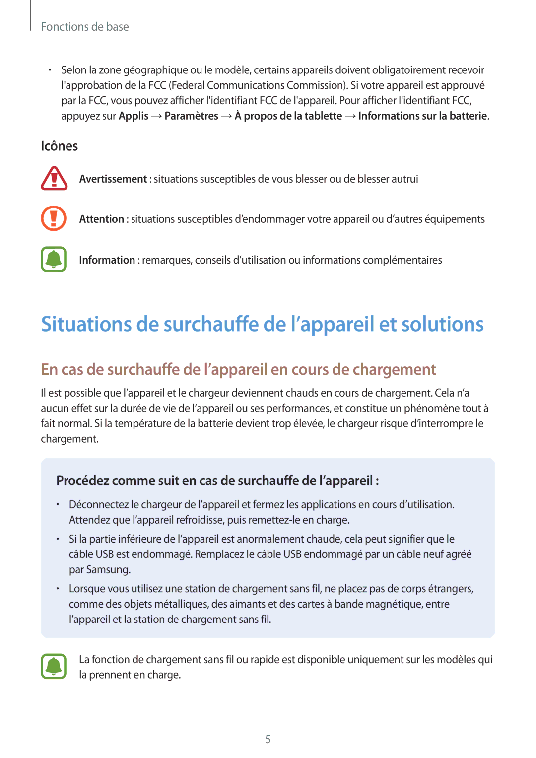 Samsung SM-T580NZWAXEF, SM-T580NZKEXEF, SM-T580NZKAXEF En cas de surchauffe de l’appareil en cours de chargement, Icônes 