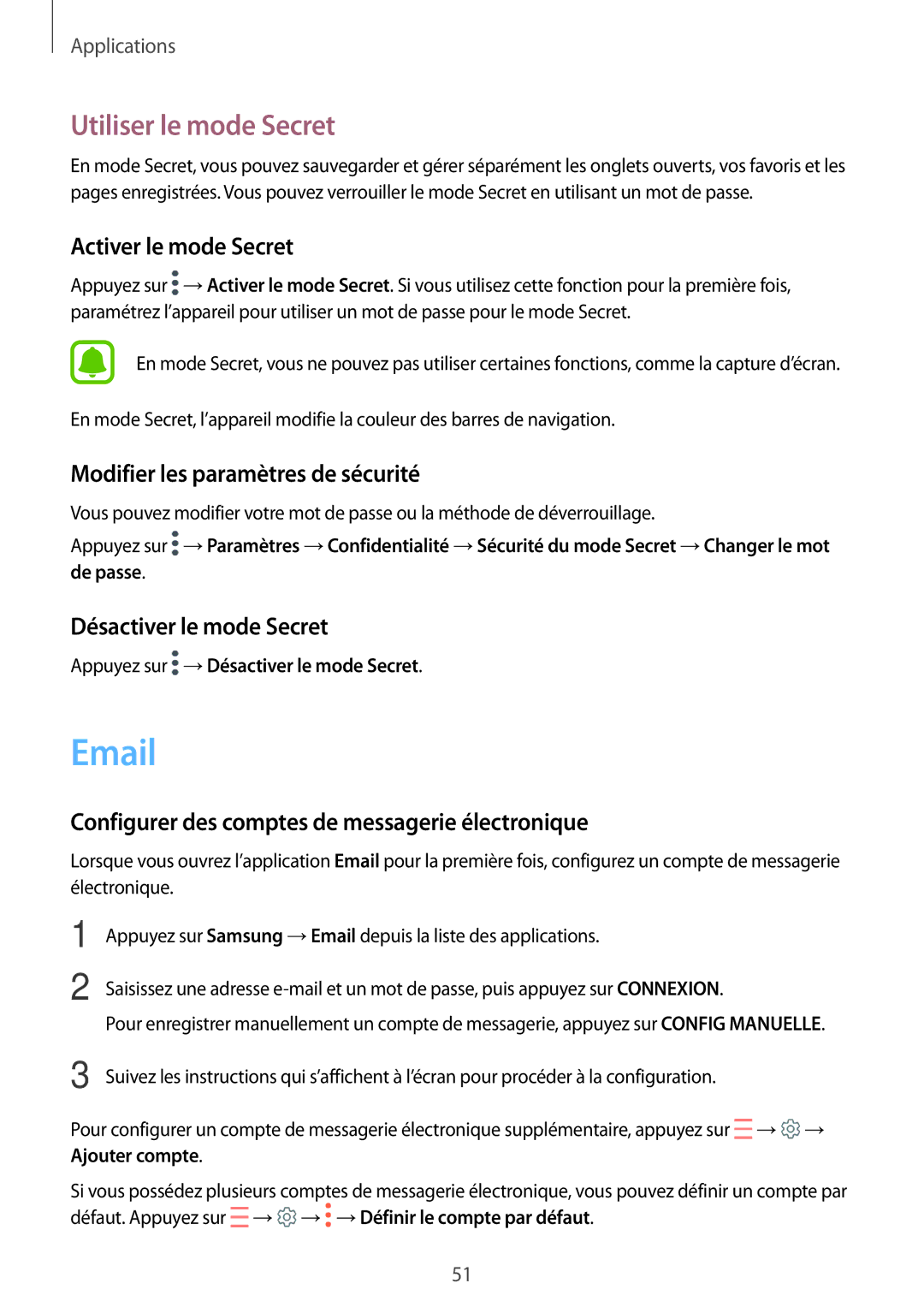 Samsung SM-T580NZKEXEF manual Utiliser le mode Secret, Activer le mode Secret, Modifier les paramètres de sécurité 