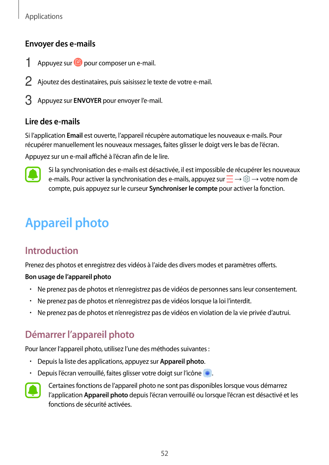 Samsung SM-T580NZKAXEF, SM-T580NZWAXEF Appareil photo, Démarrer l’appareil photo, Envoyer des e-mails, Lire des e-mails 