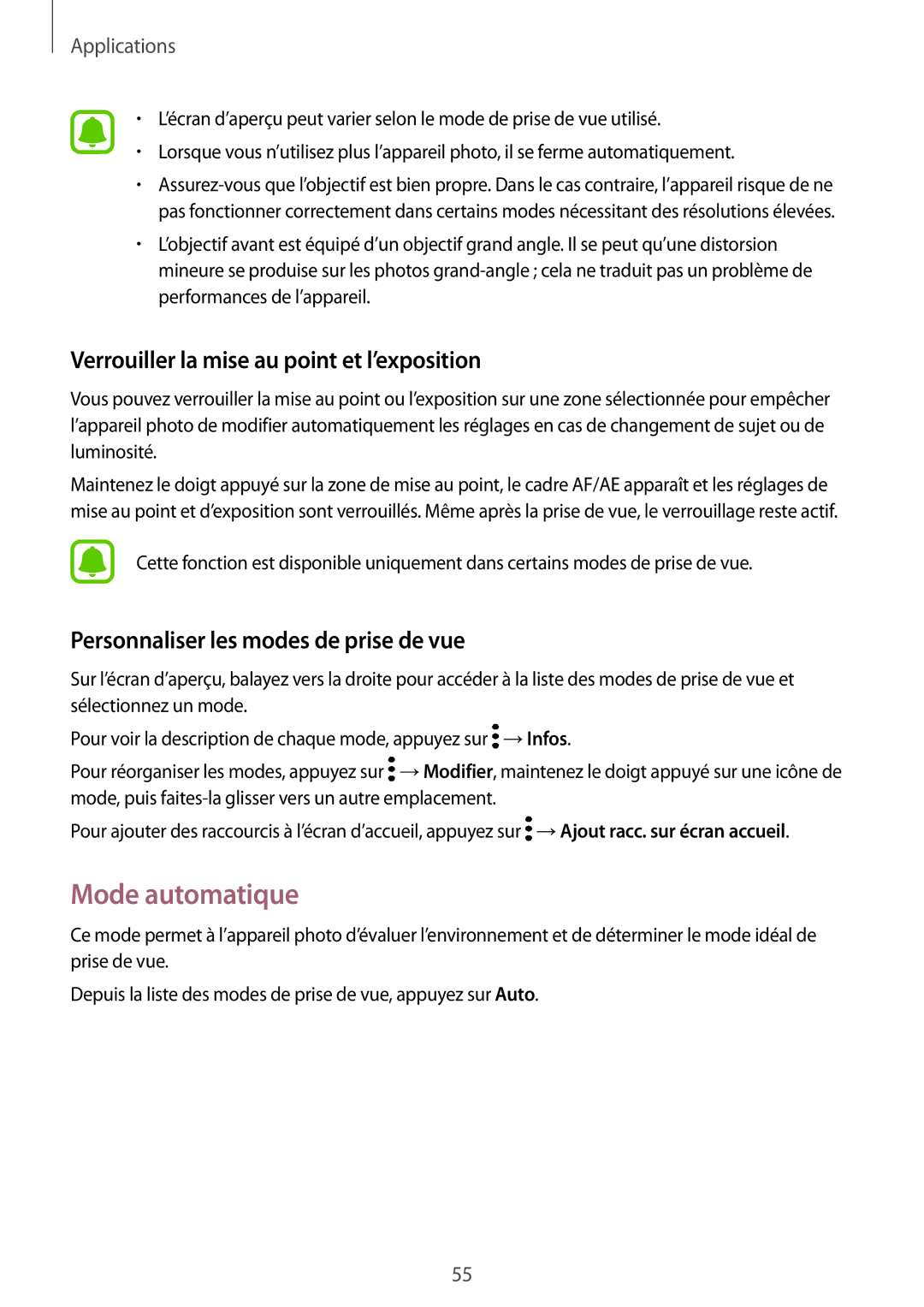 Samsung SM-T580NZWAXEF, SM-T580NZKEXEF, SM-T580NZKAXEF manual Mode automatique, Verrouiller la mise au point et l’exposition 