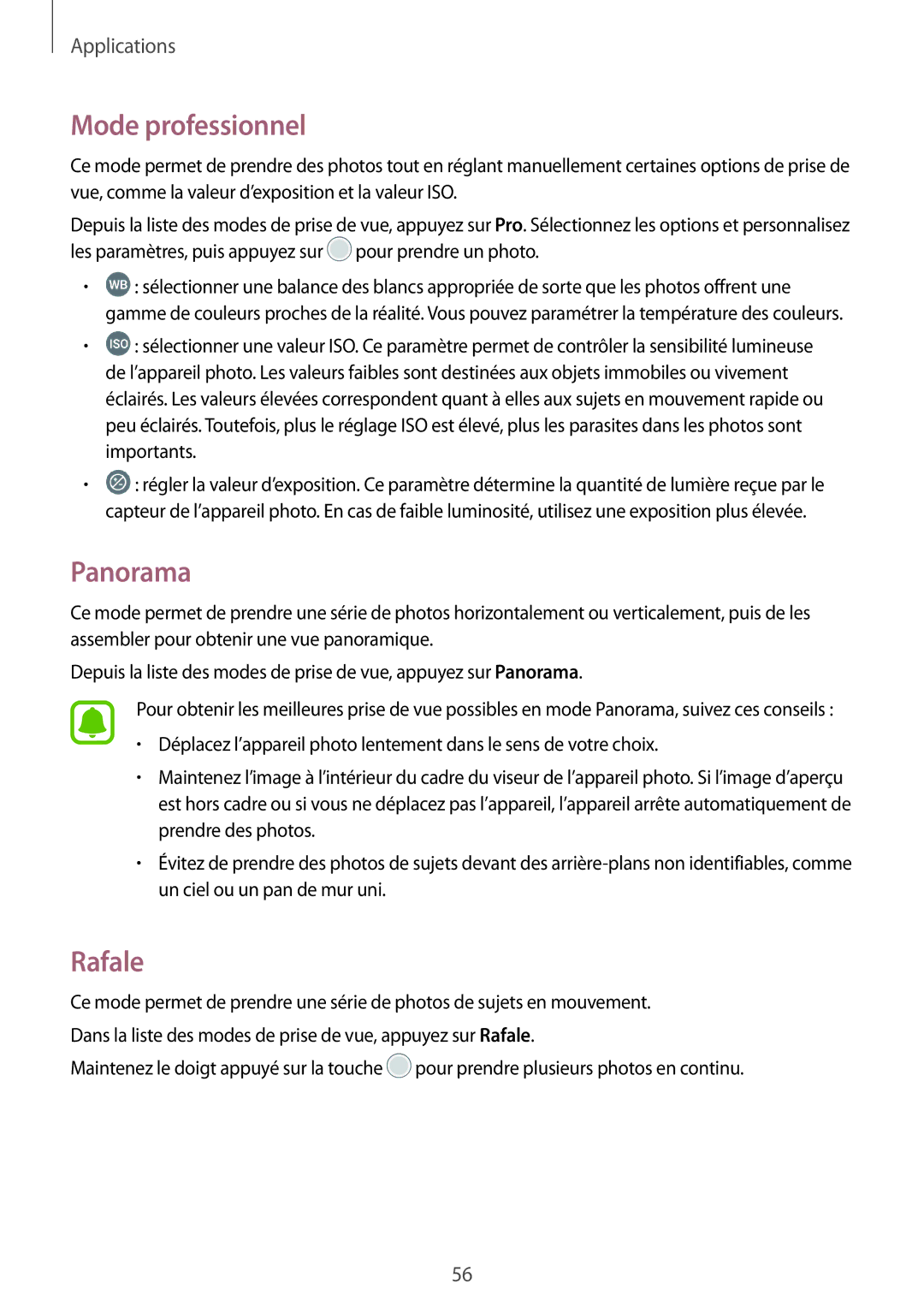 Samsung SM-T580NZKEXEF, SM-T580NZWAXEF, SM-T580NZKAXEF, SM-T580NZAEXEF, SM-T580NZWEXEF Mode professionnel, Panorama, Rafale 