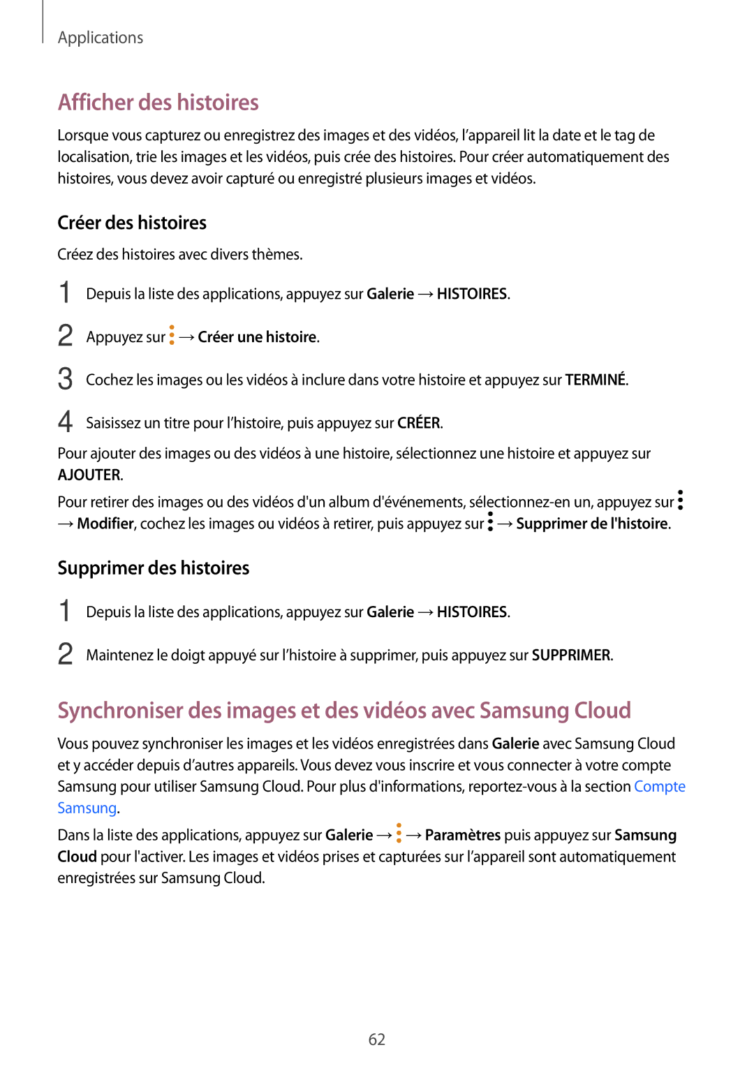 Samsung SM-T580NZKAXEF, SM-T580NZWAXEF Afficher des histoires, Synchroniser des images et des vidéos avec Samsung Cloud 