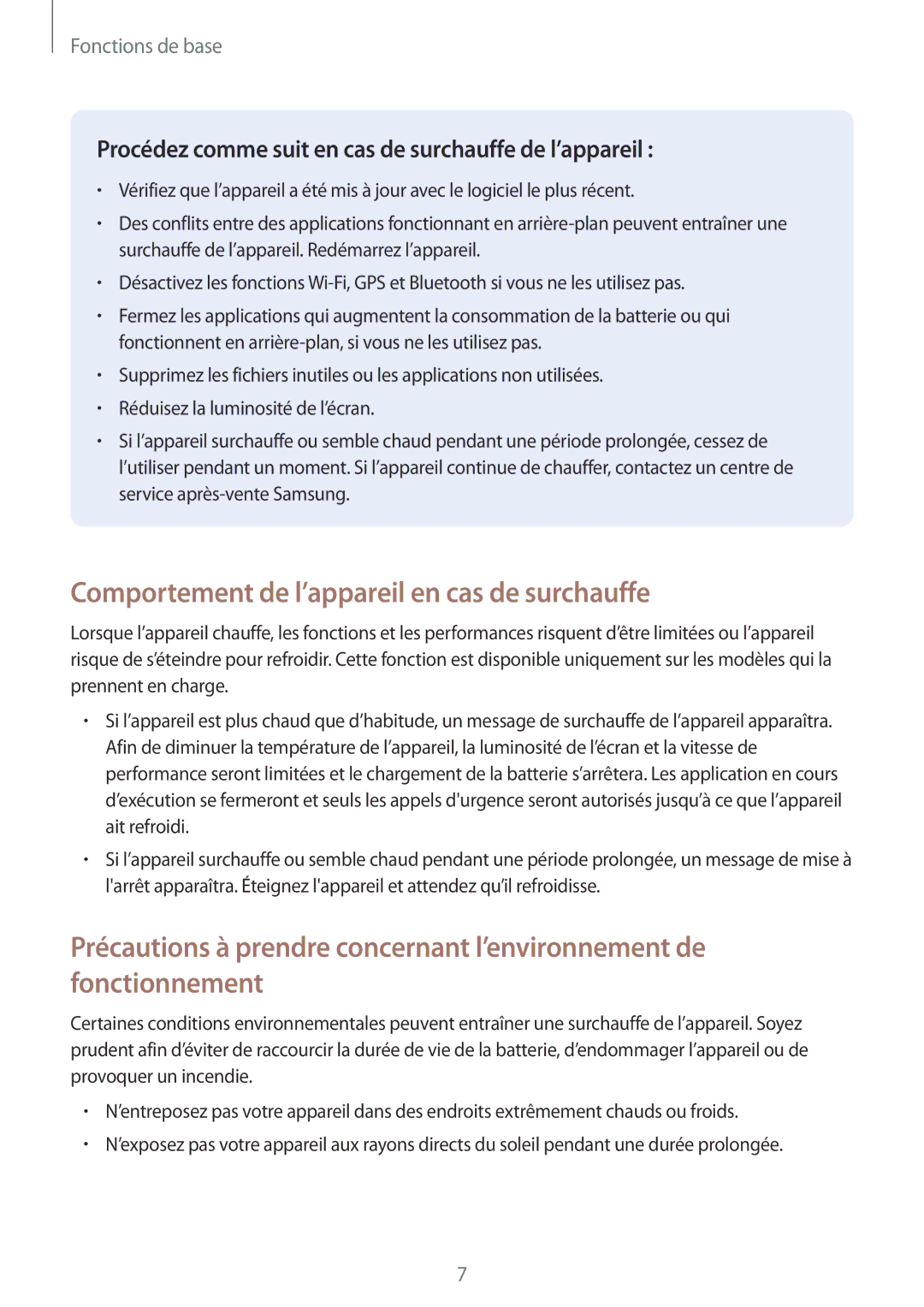 Samsung SM-T580NZKAXEF, SM-T580NZWAXEF, SM-T580NZKEXEF, SM-T580NZAEXEF manual Comportement de l’appareil en cas de surchauffe 