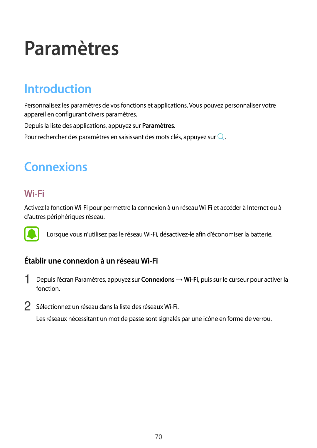 Samsung SM-T580NZWAXEF, SM-T580NZKEXEF manual Introduction, Connexions, Établir une connexion à un réseau Wi-Fi 