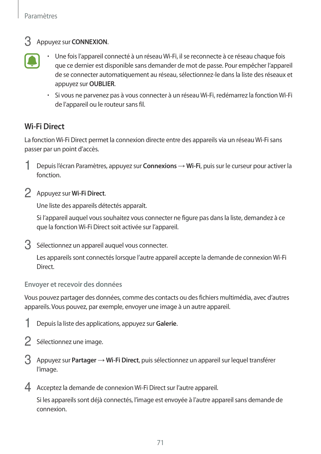 Samsung SM-T580NZKEXEF, SM-T580NZWAXEF, SM-T580NZKAXEF, SM-T580NZAEXEF, SM-T580NZWEXEF manual Wi-Fi Direct, Paramètres 