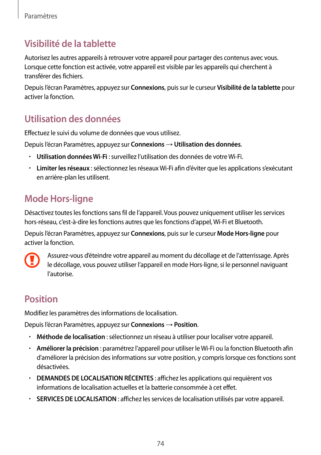 Samsung SM-T580NZWEXEF, SM-T580NZWAXEF manual Visibilité de la tablette, Utilisation des données, Mode Hors-ligne, Position 