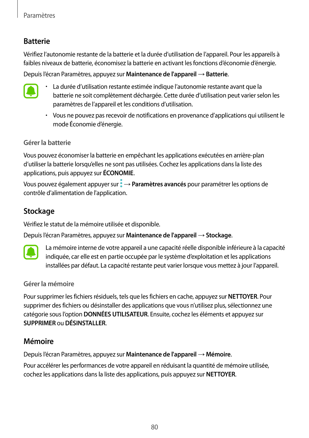 Samsung SM-T580NZWAXEF, SM-T580NZKEXEF, SM-T580NZKAXEF, SM-T580NZAEXEF, SM-T580NZWEXEF manual Batterie, Stockage, Mémoire 