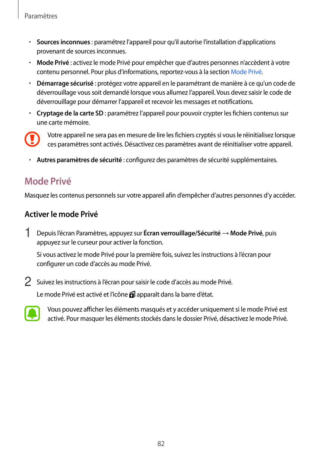 Samsung SM-T580NZKAXEF, SM-T580NZWAXEF, SM-T580NZKEXEF, SM-T580NZAEXEF, SM-T580NZWEXEF manual Mode Privé, Activer le mode Privé 